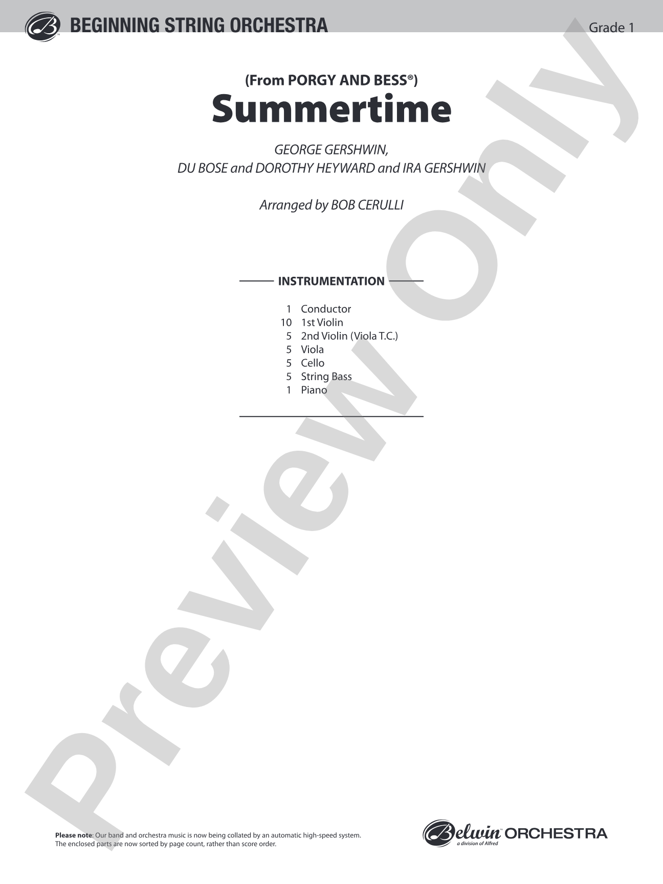 Summertime: String Orchestra Conductor Score & Parts
