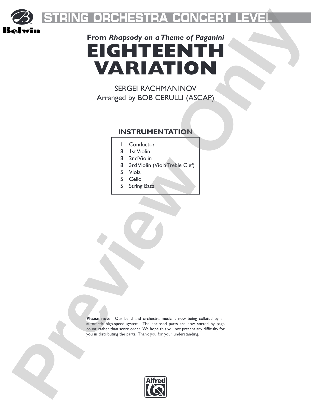 Eighteenth Variation (from Rhapsody on a Theme of Paganini): String Orchestra Conductor Score & Parts
