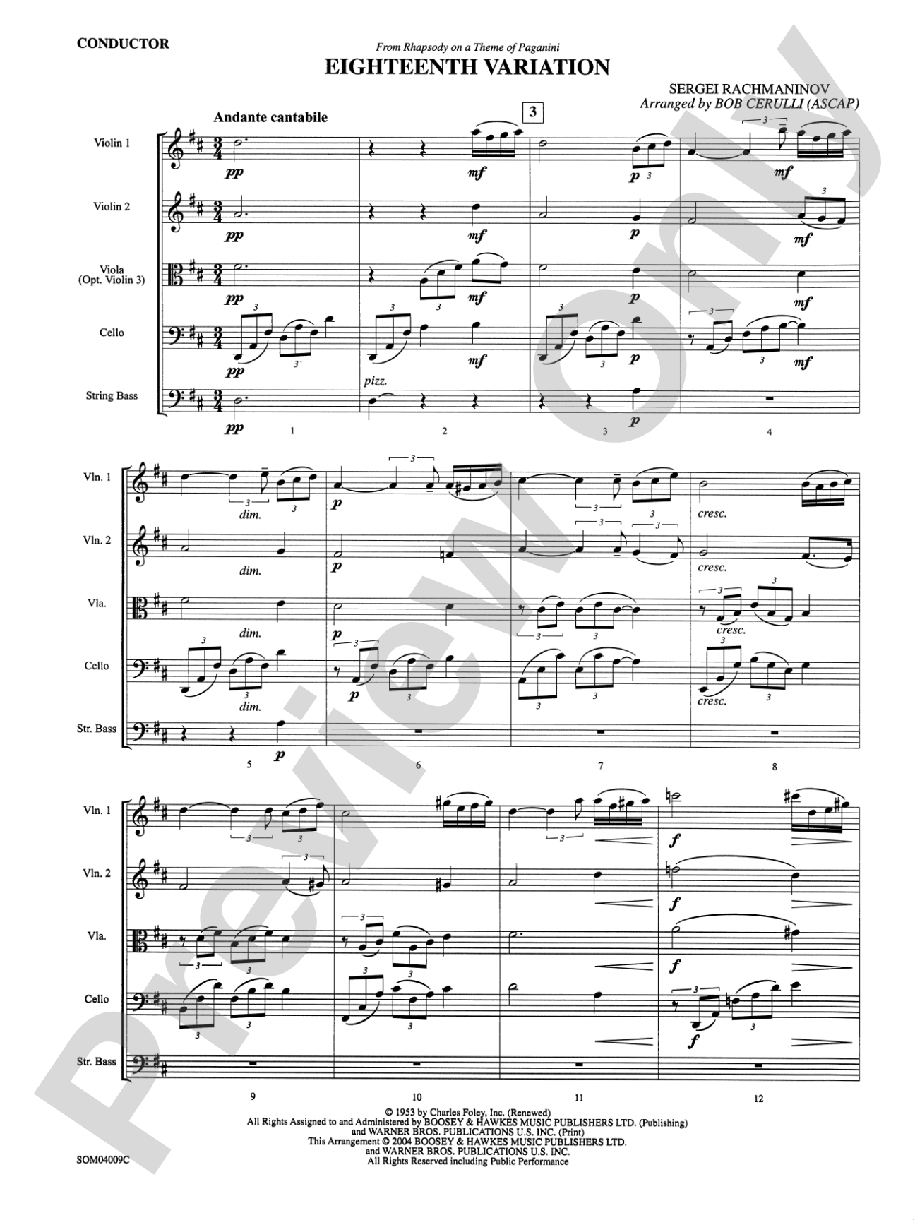 Eighteenth Variation (from Rhapsody on a Theme of Paganini): String Orchestra Conductor Score & Parts