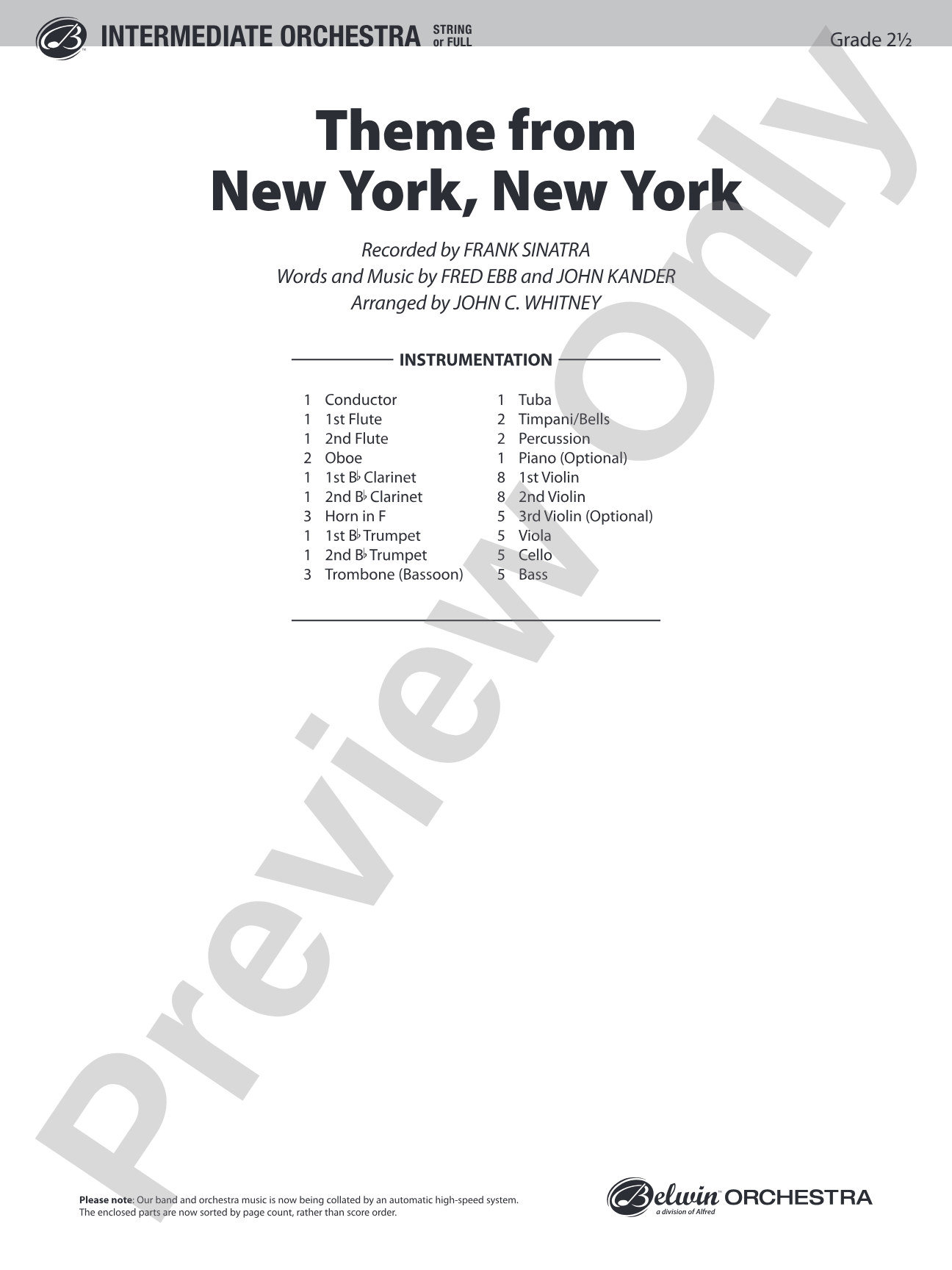 New York, New York, Theme from: String Orchestra Conductor Score & Parts