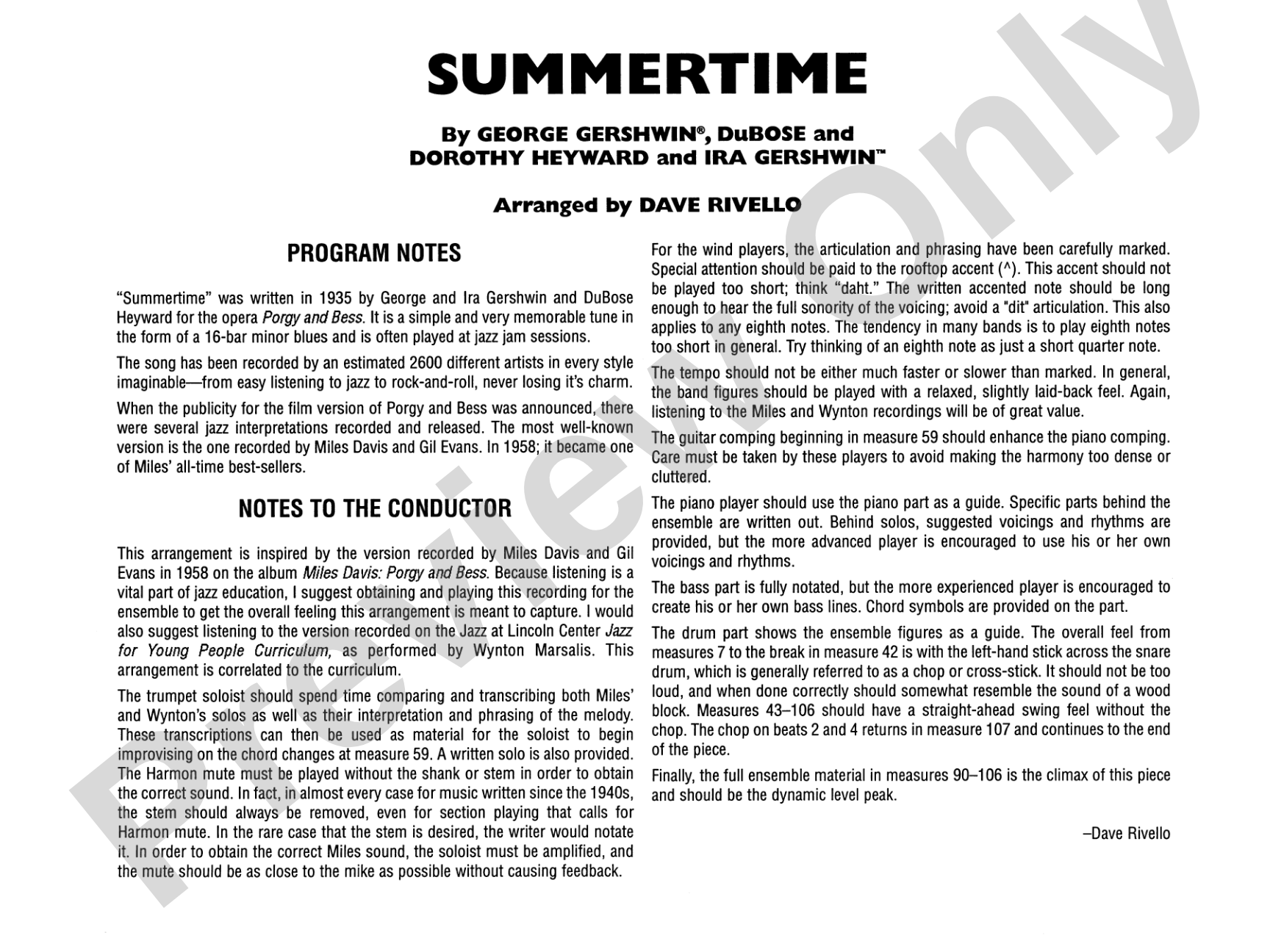 Summertime: Jazz Ensemble Conductor Score & Parts