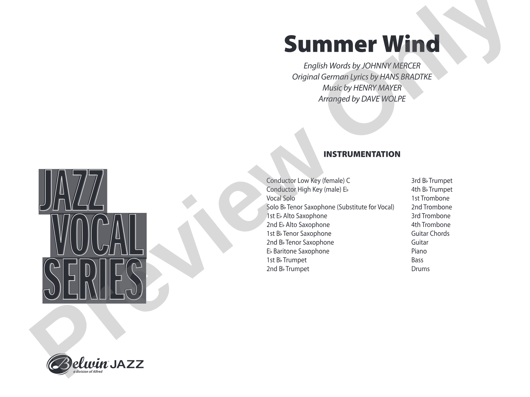 Summer Wind: Vocal Solo with Jazz Ensemble Conductor Score & Parts