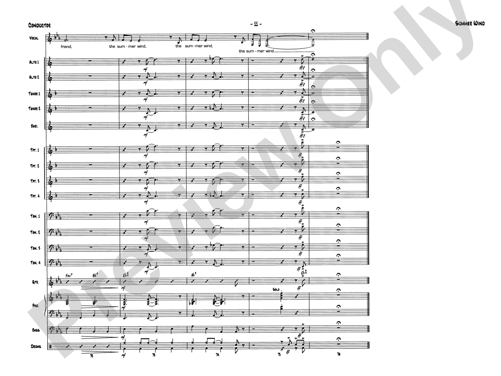Summer Wind: Vocal Solo with Jazz Ensemble Conductor Score & Parts