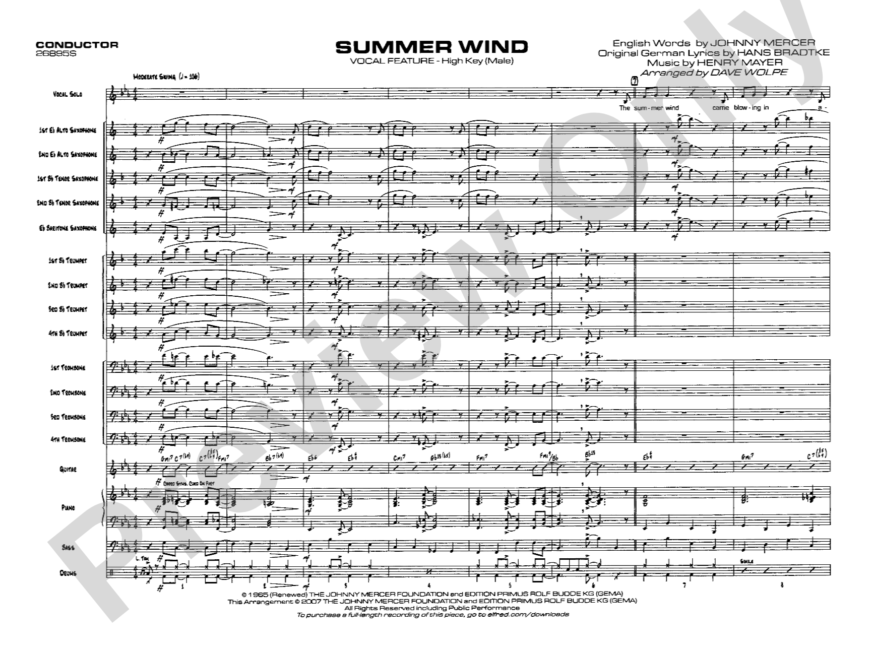 Summer Wind: Vocal Solo with Jazz Ensemble Conductor Score & Parts