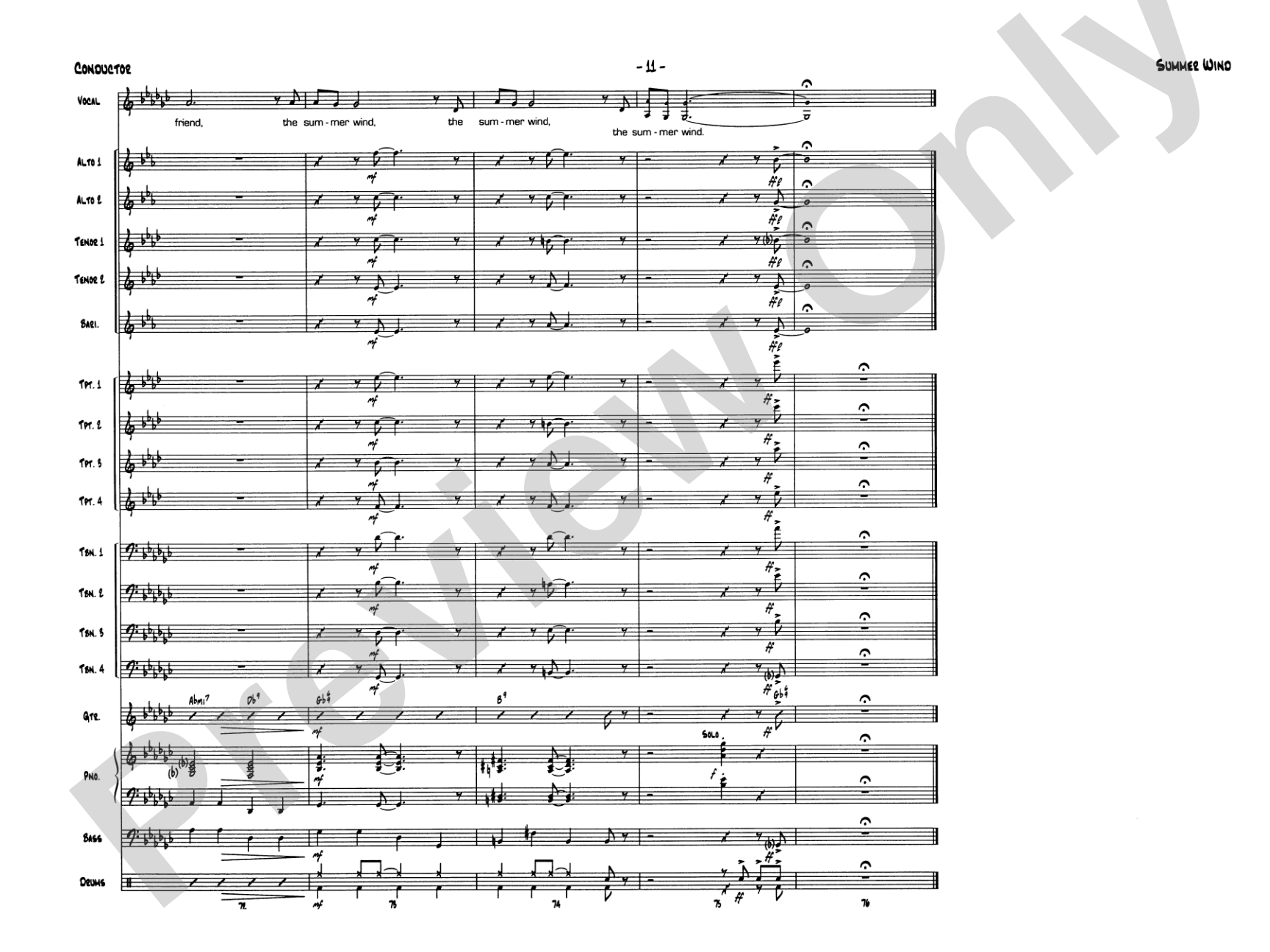 Summer Wind: Vocal Solo with Jazz Ensemble Conductor Score & Parts