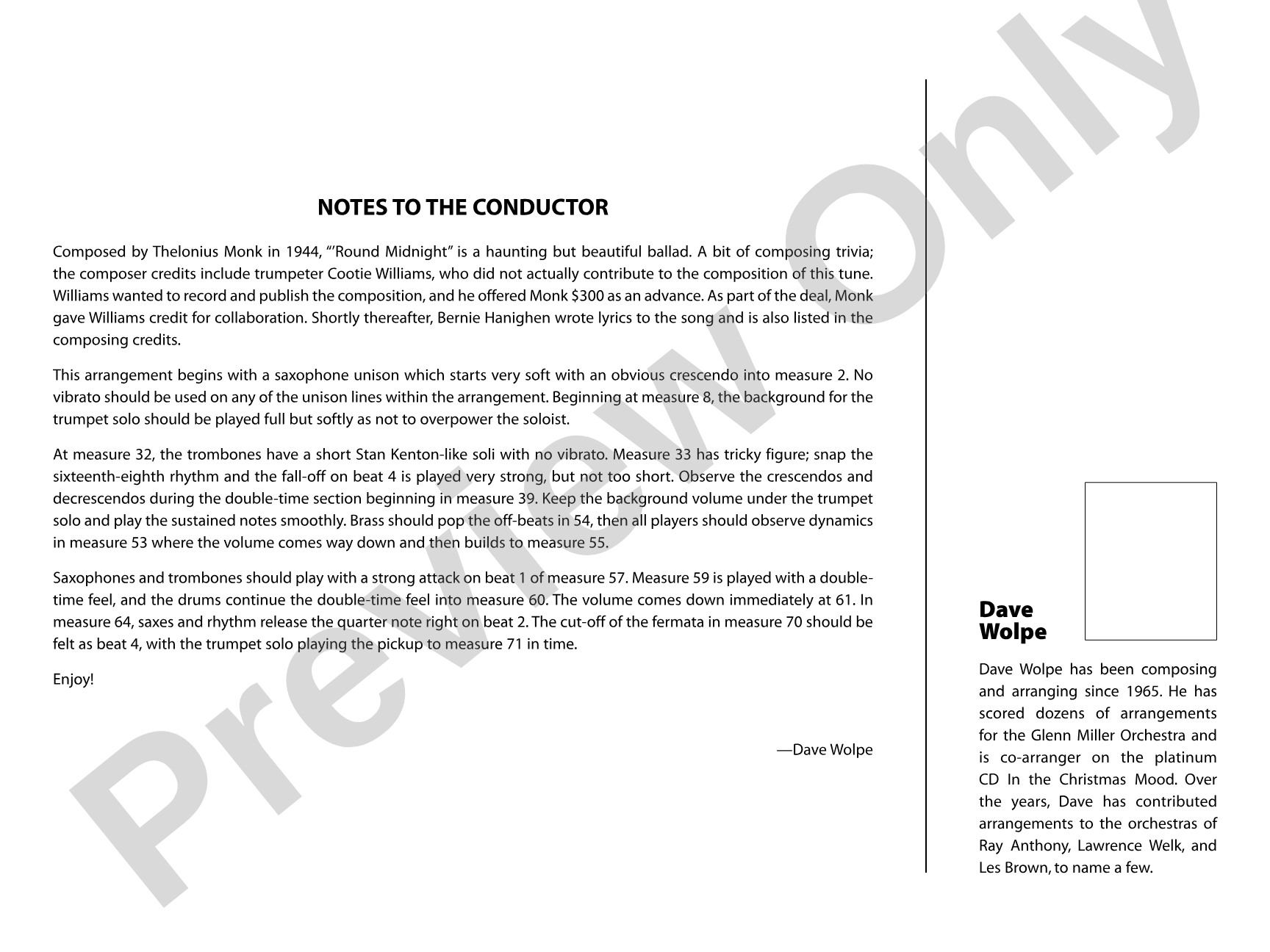 'Round Midnight: Jazz Ensemble Conductor Score & Parts