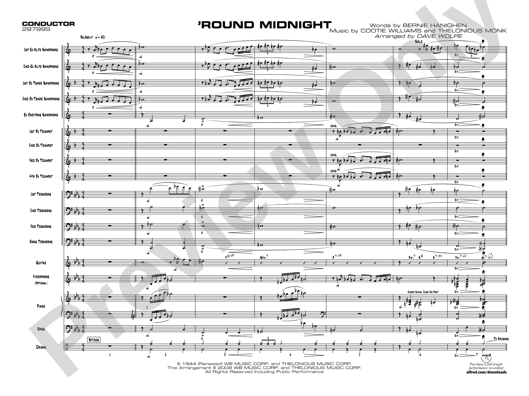 'Round Midnight: Jazz Ensemble Conductor Score & Parts