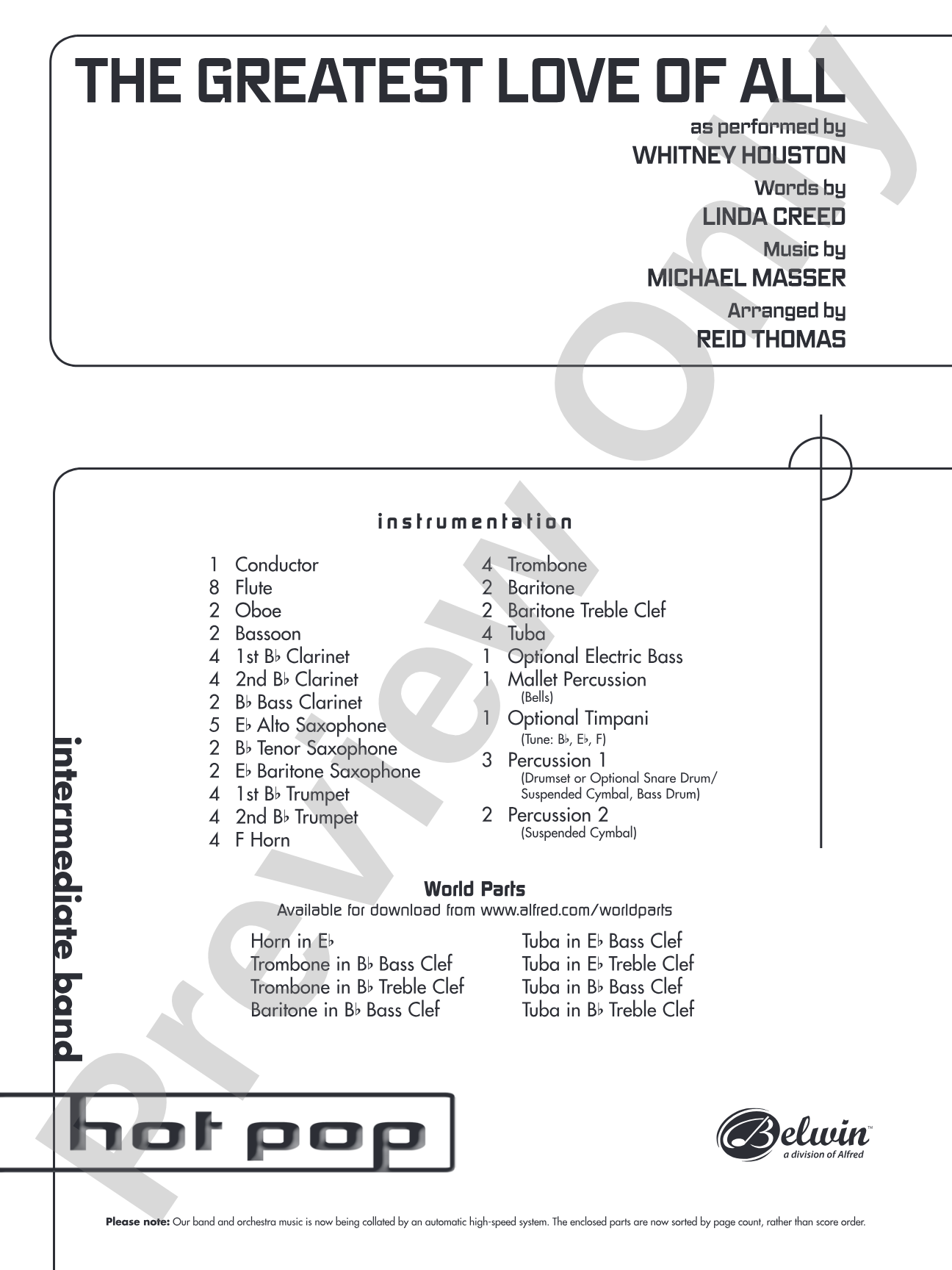 The Greatest Love of All: Concert Band Conductor Score & Parts