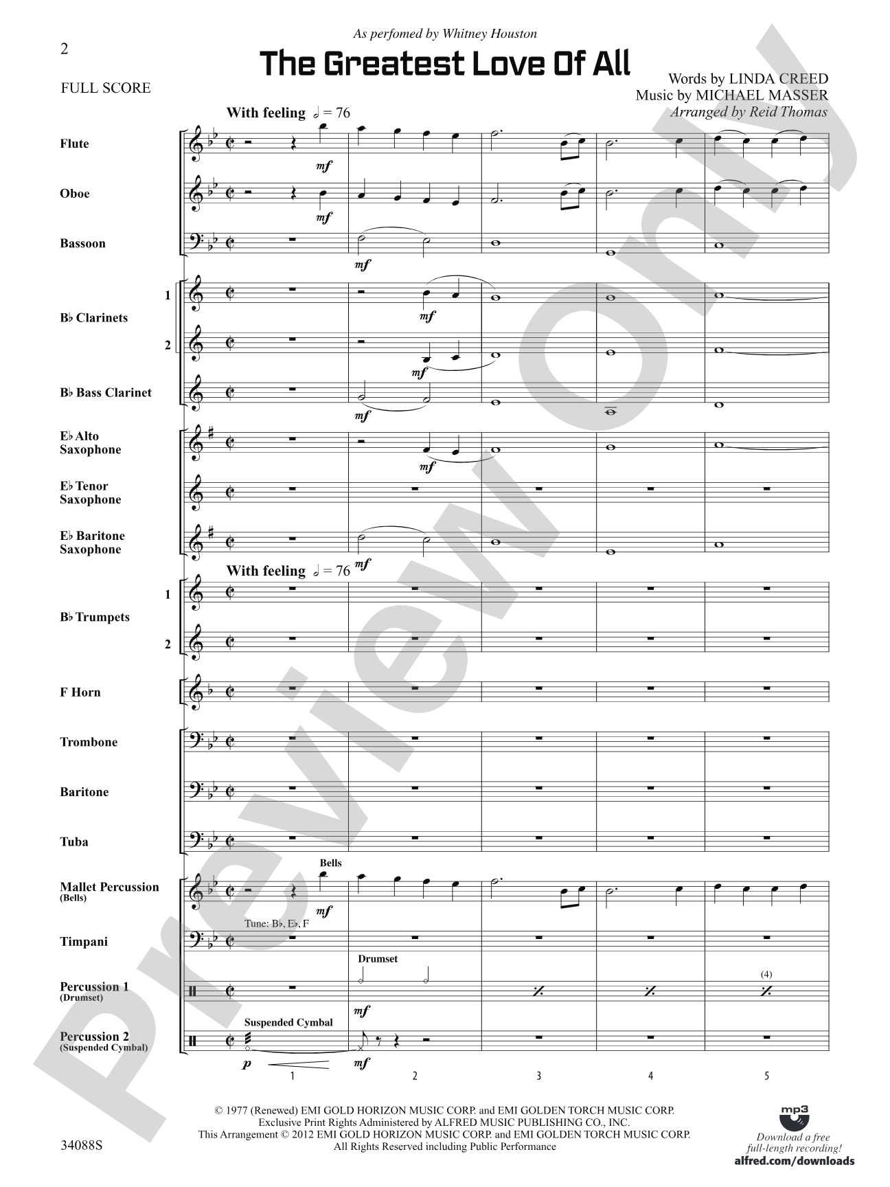 The Greatest Love of All: Concert Band Conductor Score & Parts