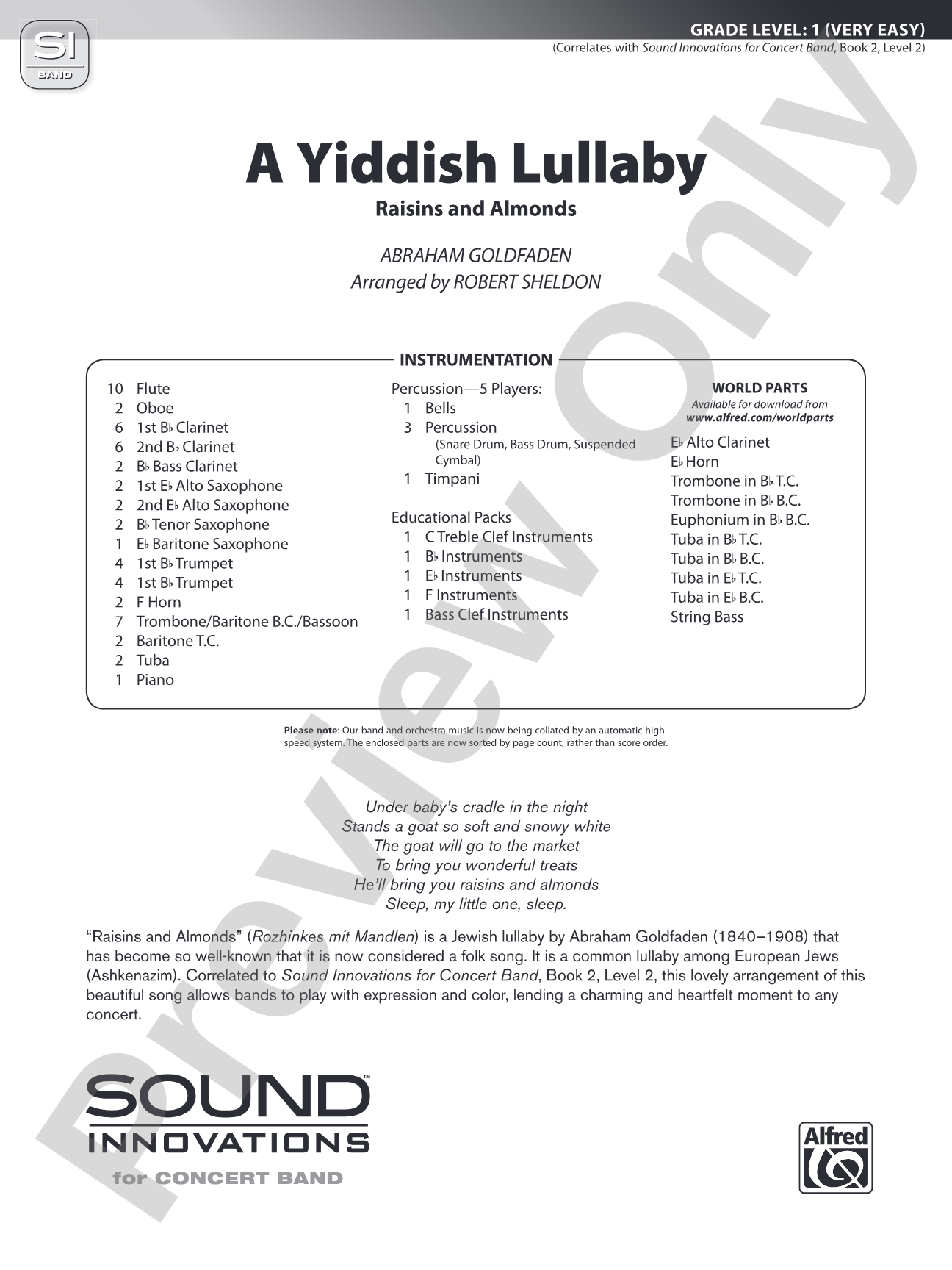 A Yiddish Lullaby: Concert Band Conductor Score & Parts