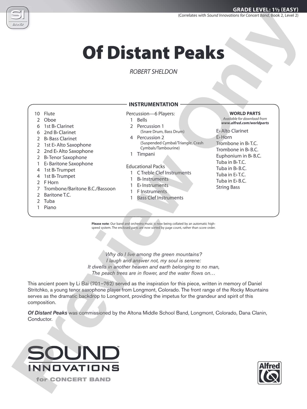 Of Distant Peaks: Concert Band Conductor Score & Parts