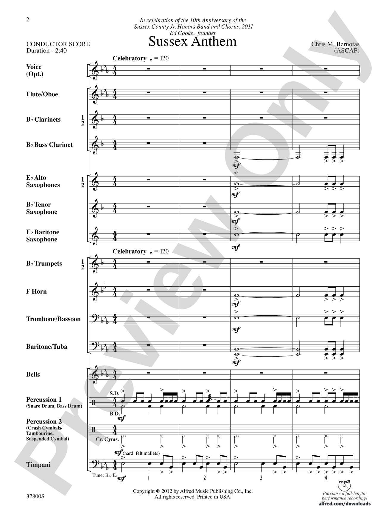 Sussex Anthem: Concert Band Conductor Score & Parts