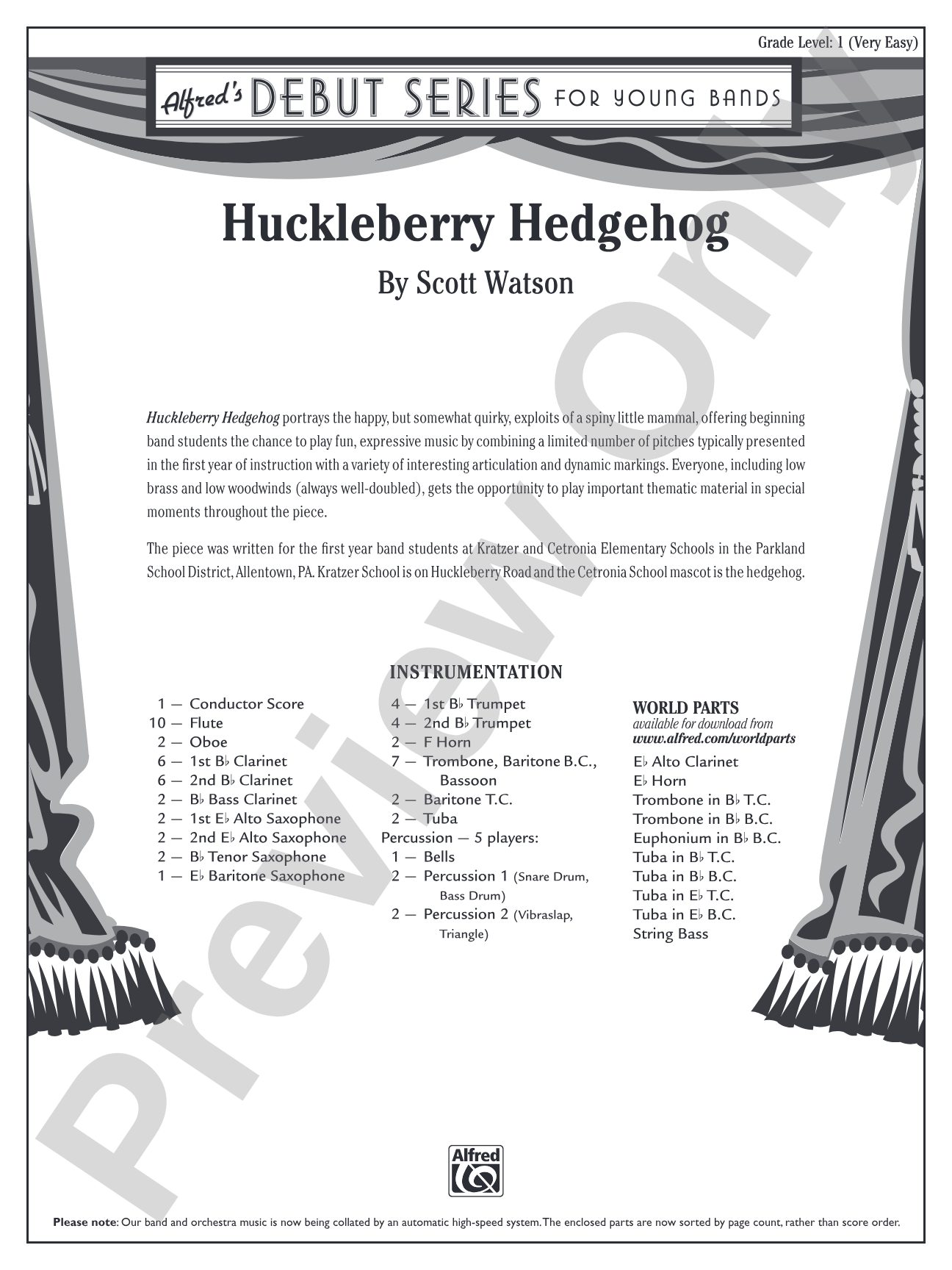 Huckleberry Hedgehog: Concert Band Conductor Score & Parts