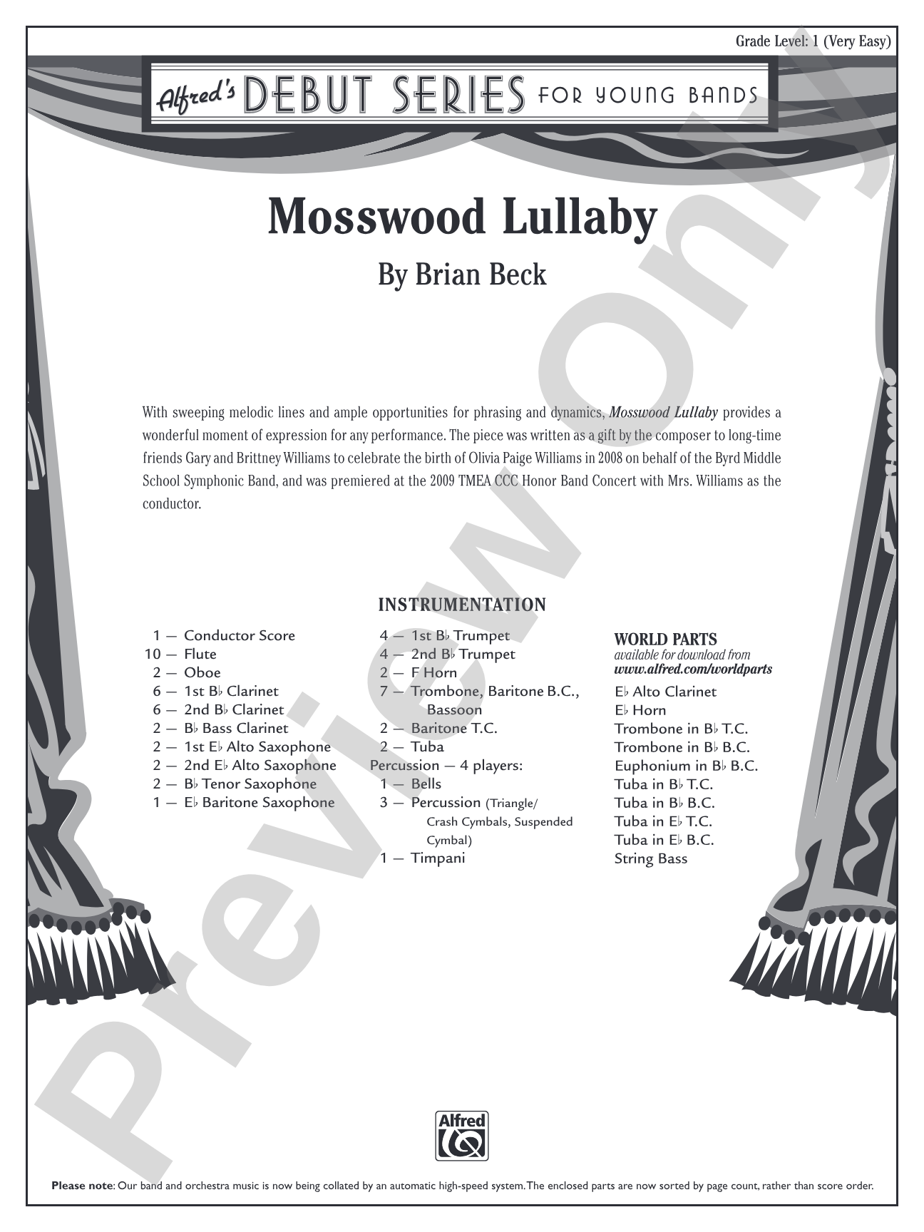 Mosswood Lullaby: Concert Band Conductor Score & Parts