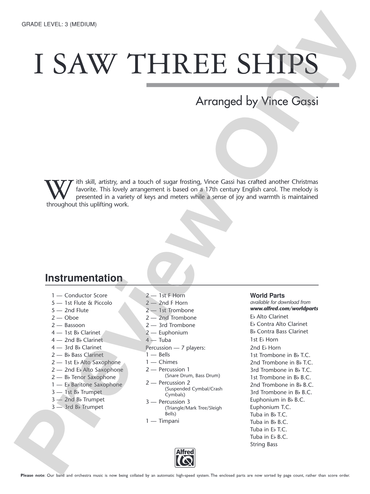 I Saw Three Ships: Concert Band Conductor Score & Parts