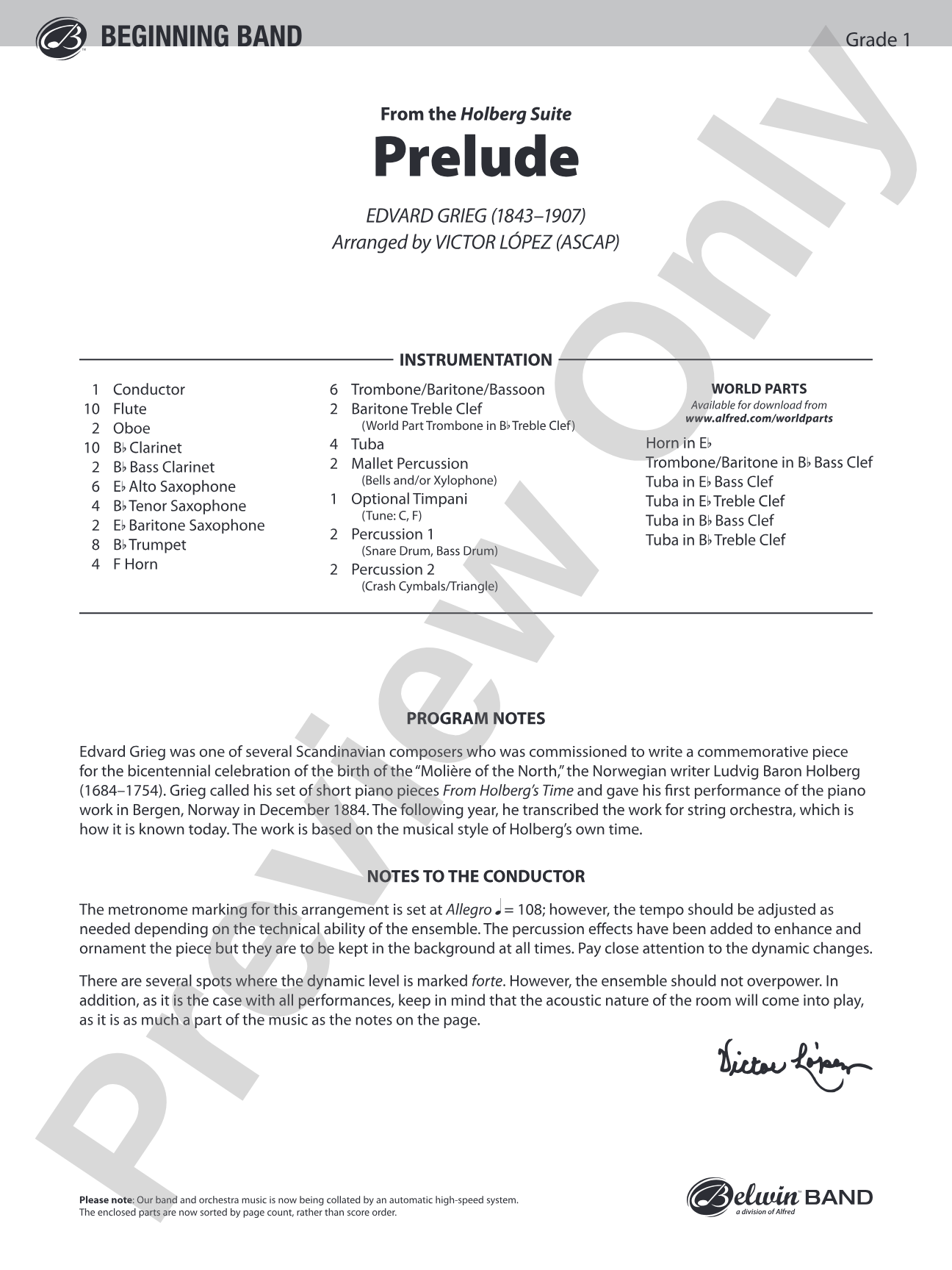 Prelude (from the Holberg Suite): Concert Band Conductor Score & Parts