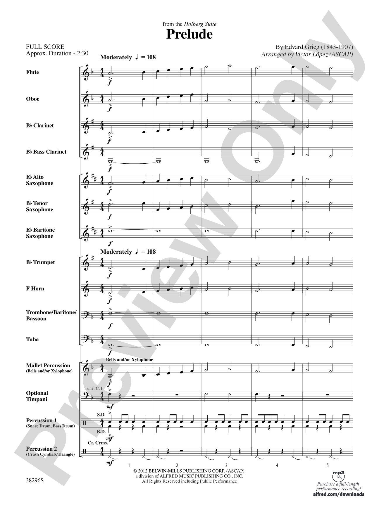 Prelude (from the Holberg Suite): Concert Band Conductor Score & Parts