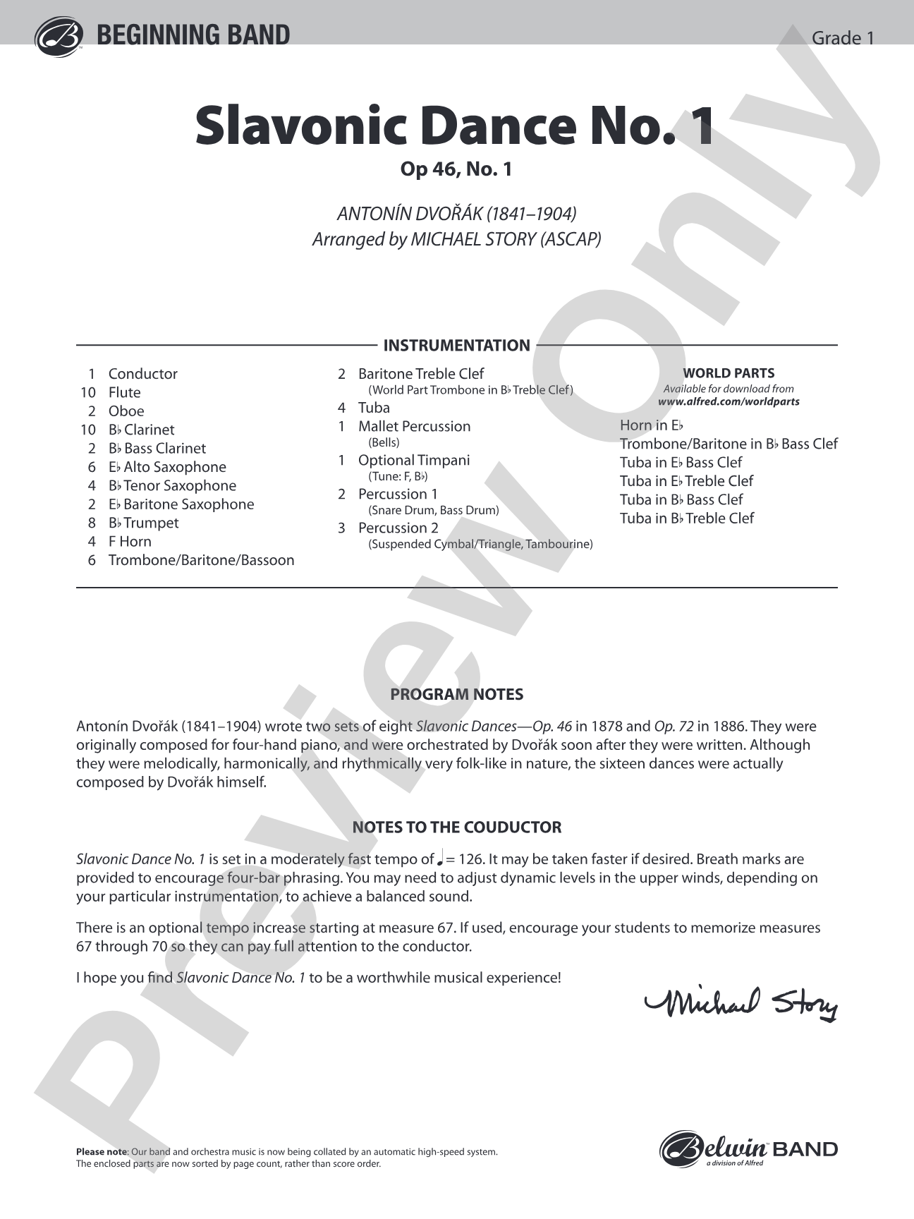 Slavonic Dance No. 1: Concert Band Conductor Score & Parts