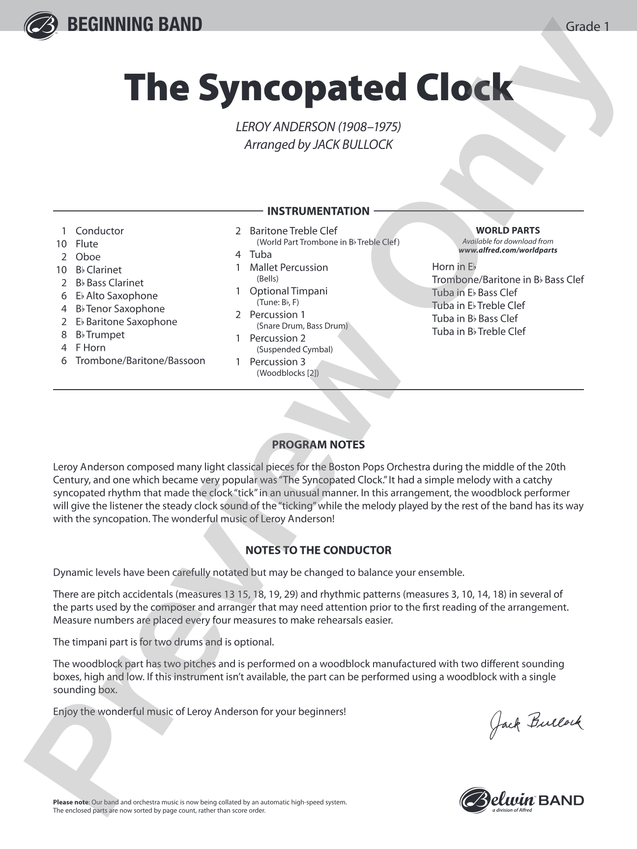 The Syncopated Clock: Concert Band Conductor Score & Parts