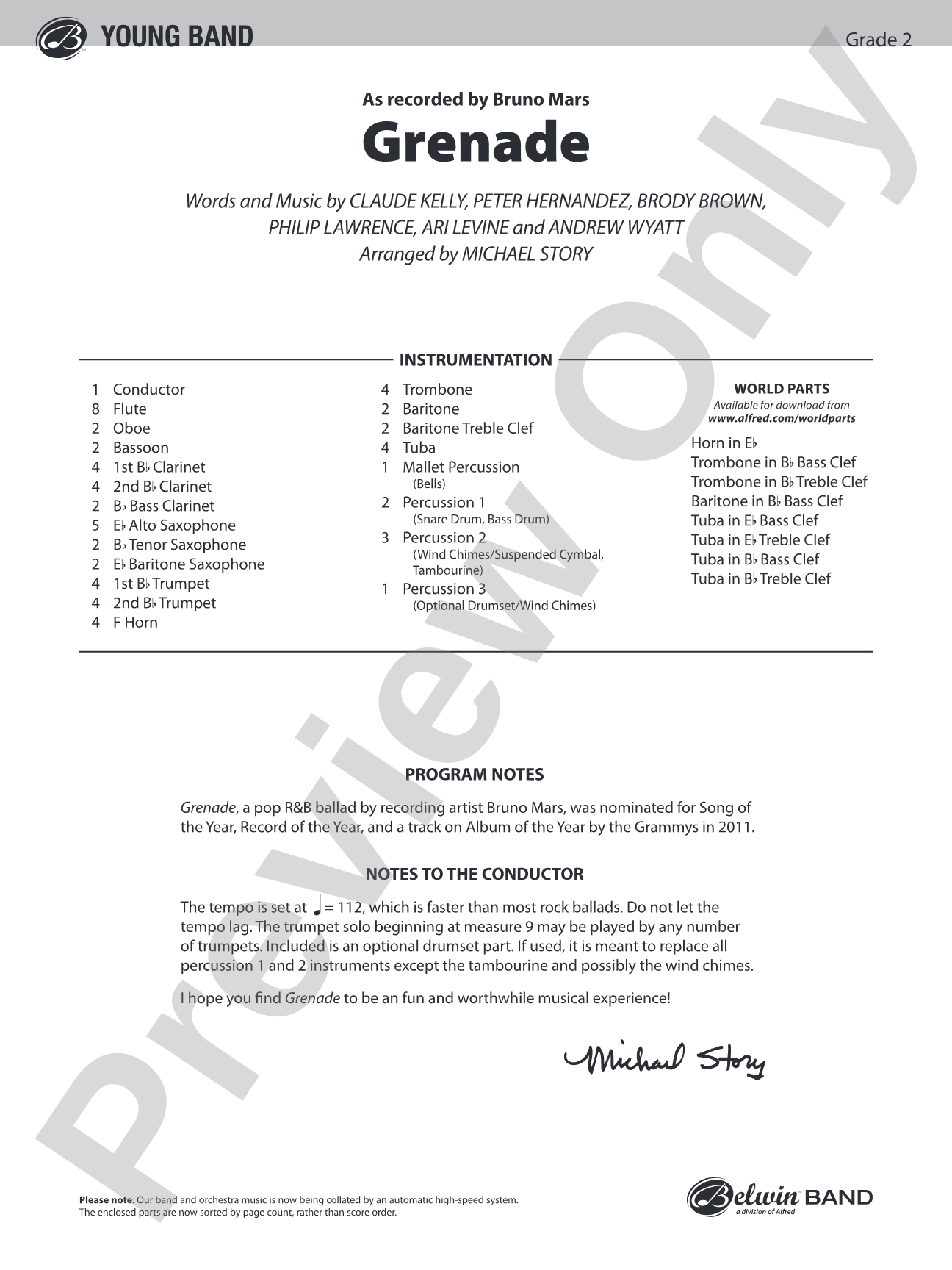 Grenade: Concert Band Conductor Score & Parts