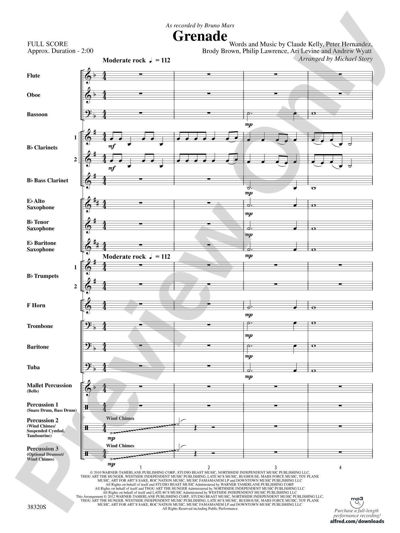 Grenade: Concert Band Conductor Score & Parts