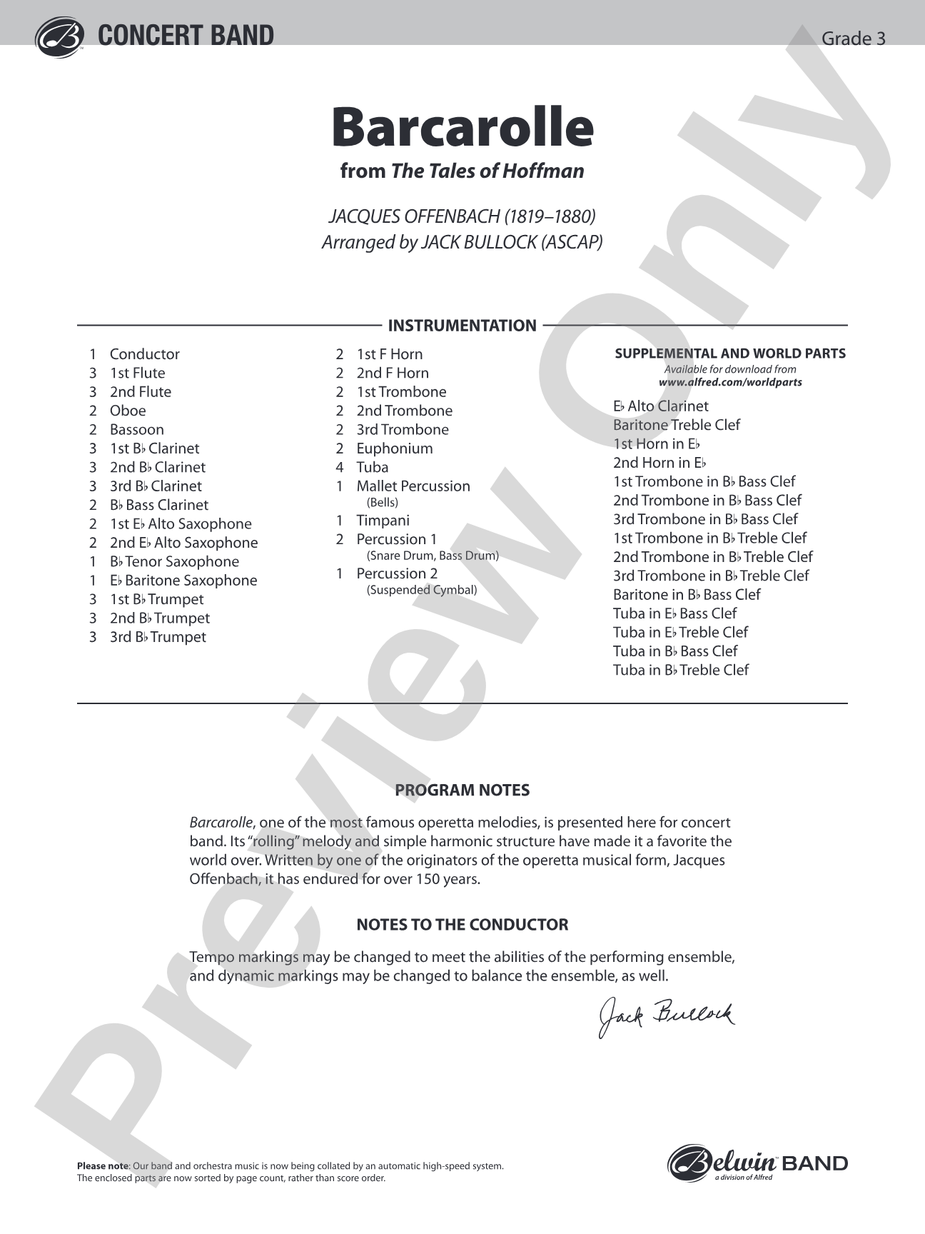 Barcarolle (from The Tales of Hoffman): Concert Band Conductor Score & Parts