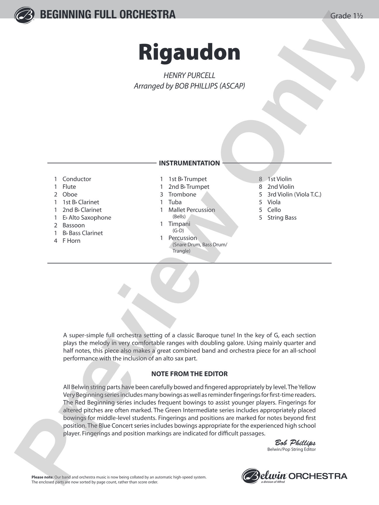 Rigaudon: Full Orchestra Conductor Score & Parts