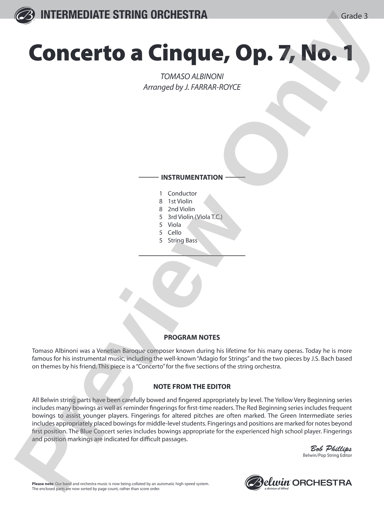 Concerto a Cinque, Op. 7, No. 1: String Orchestra Conductor Score & Parts