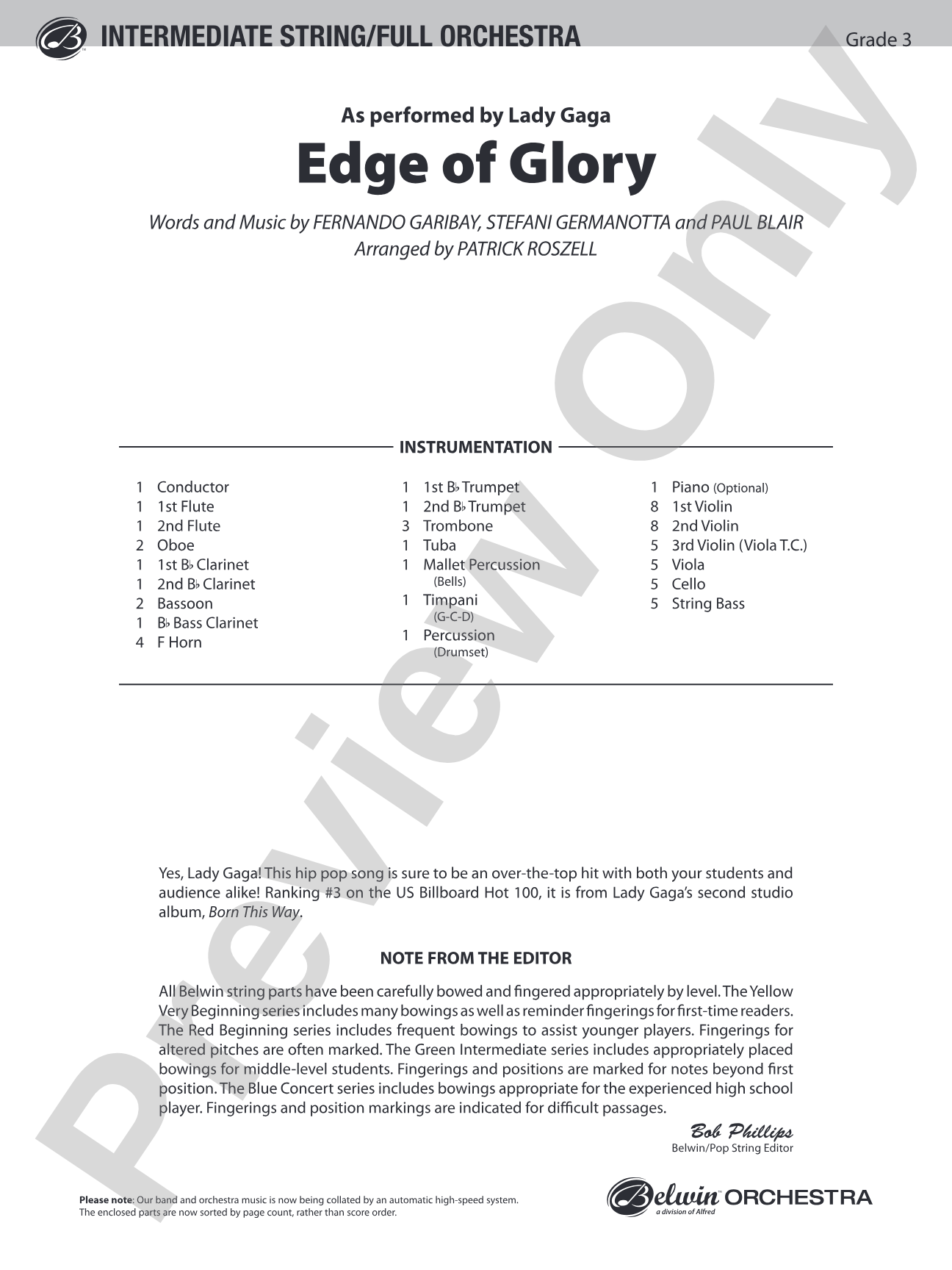 Edge of Glory: Full Orchestra Conductor Score & Parts