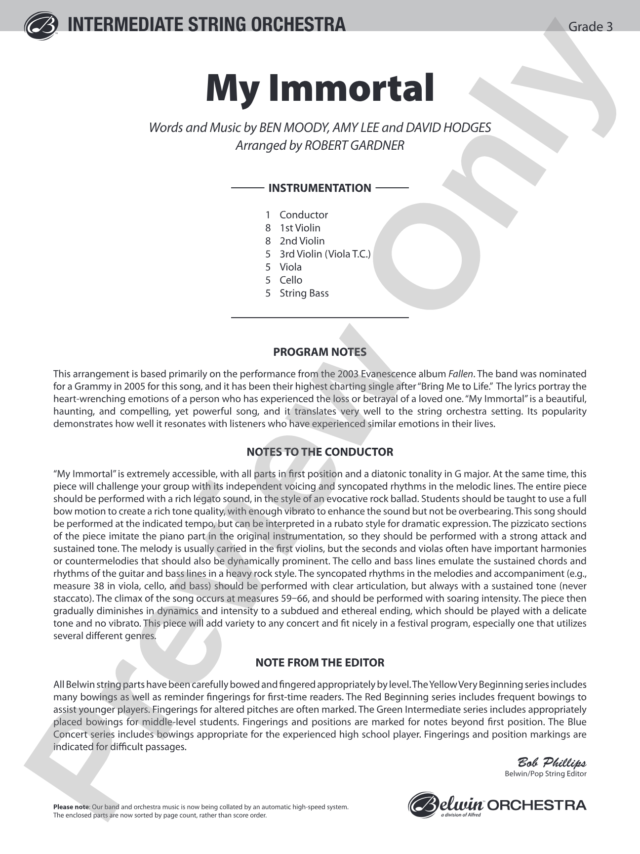 My Immortal: String Orchestra Conductor Score & Parts