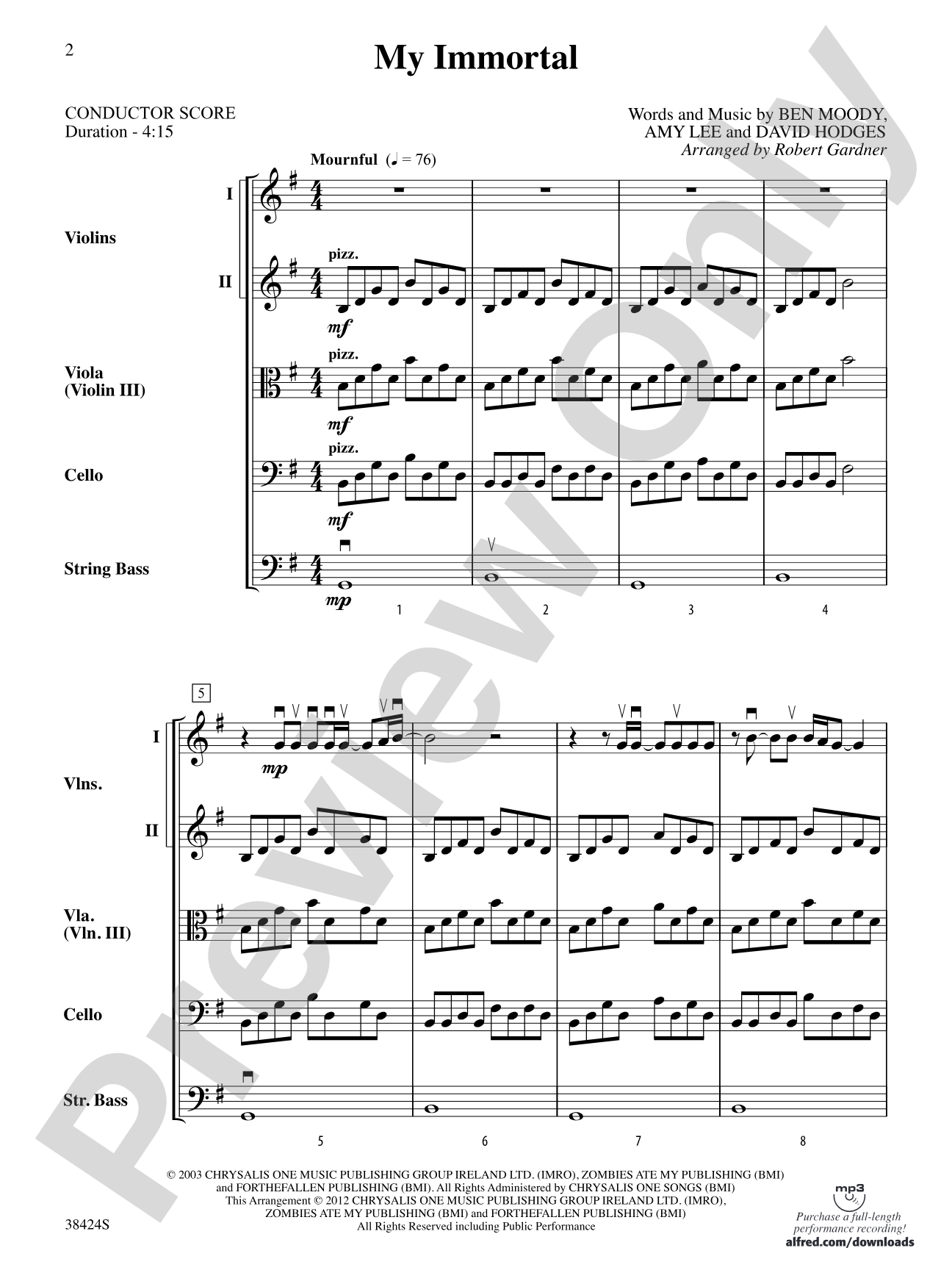 My Immortal: String Orchestra Conductor Score & Parts