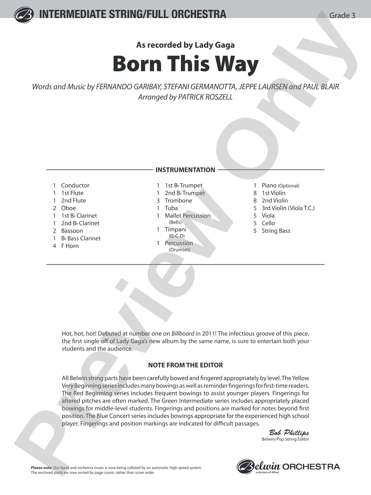 Born This Way: Full Orchestra Conductor Score & Parts