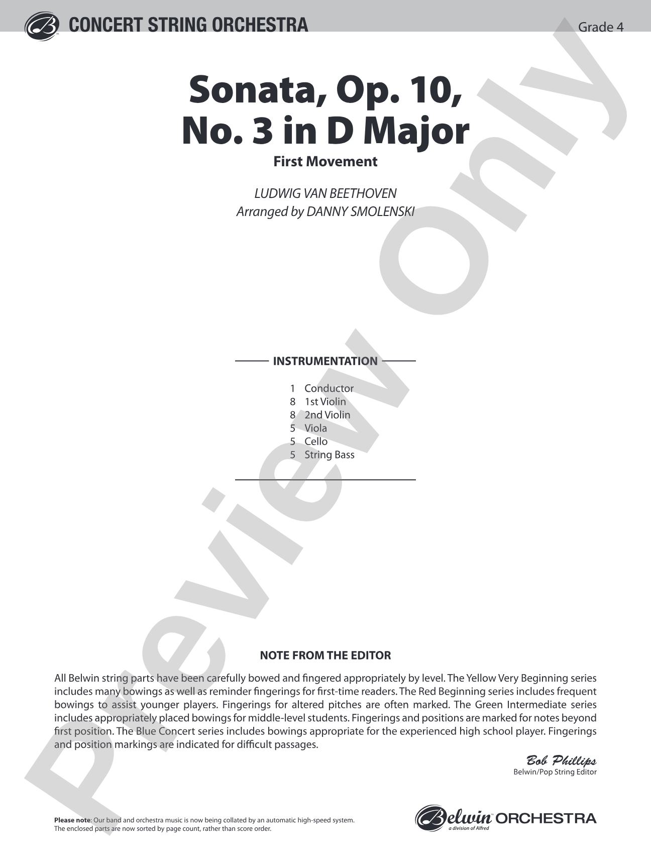 Sonata, Op. 10, No. 3: String Orchestra Conductor Score & Parts