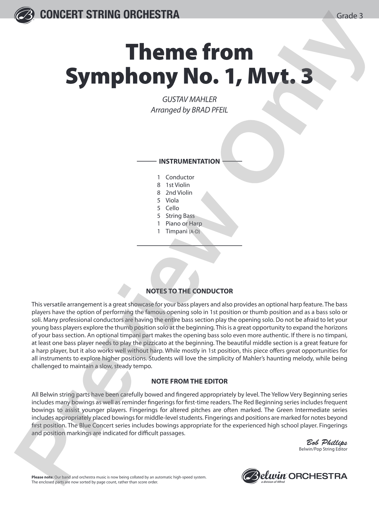 Theme from Symphony No. 1, Movement 3: String Orchestra Conductor Score & Parts
