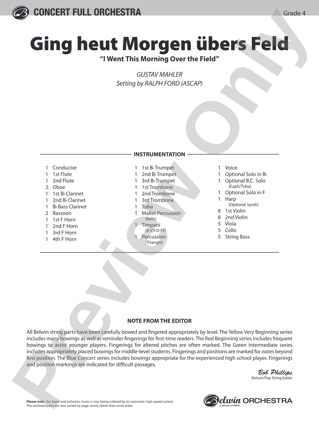 Ging heut Morgen übers Feld: Full Orchestra Conductor Score & Parts