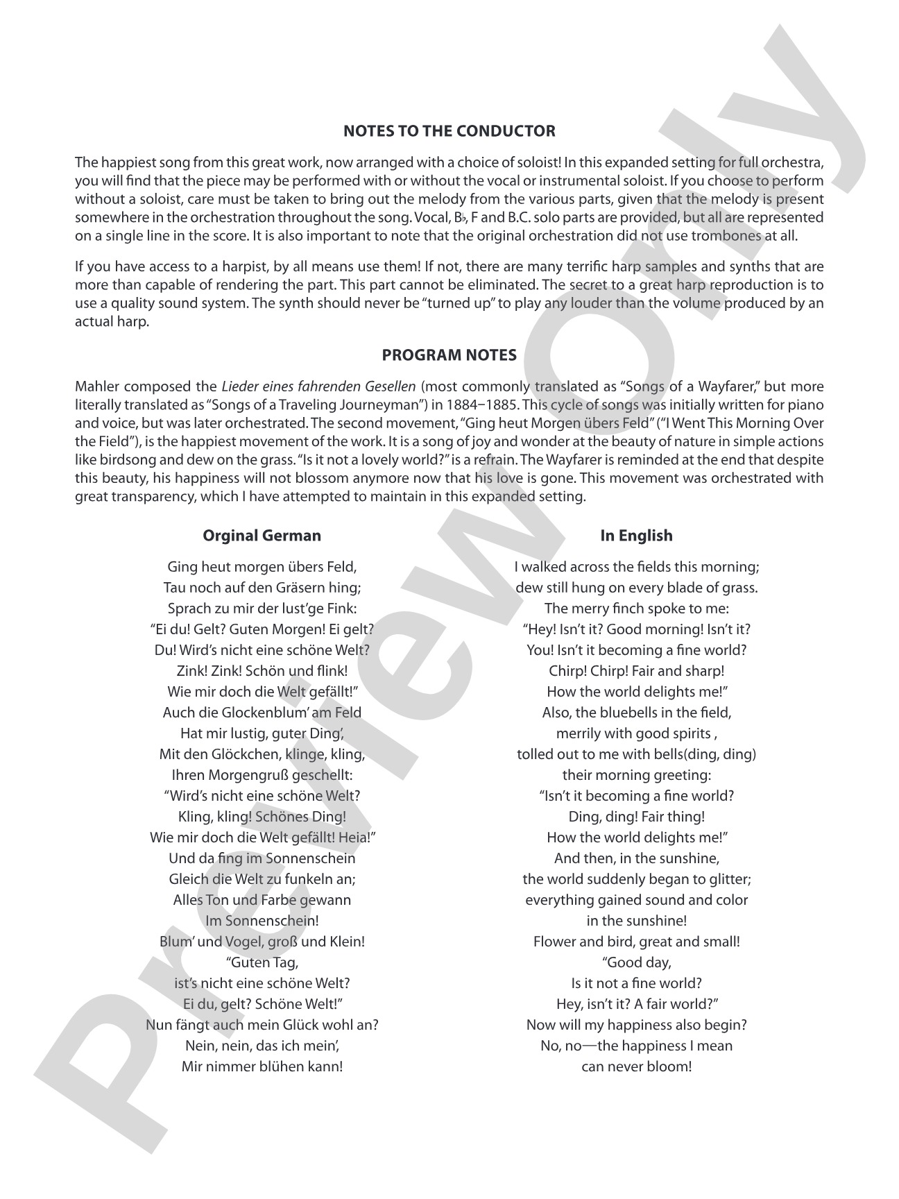 Ging heut Morgen übers Feld: Full Orchestra Conductor Score & Parts