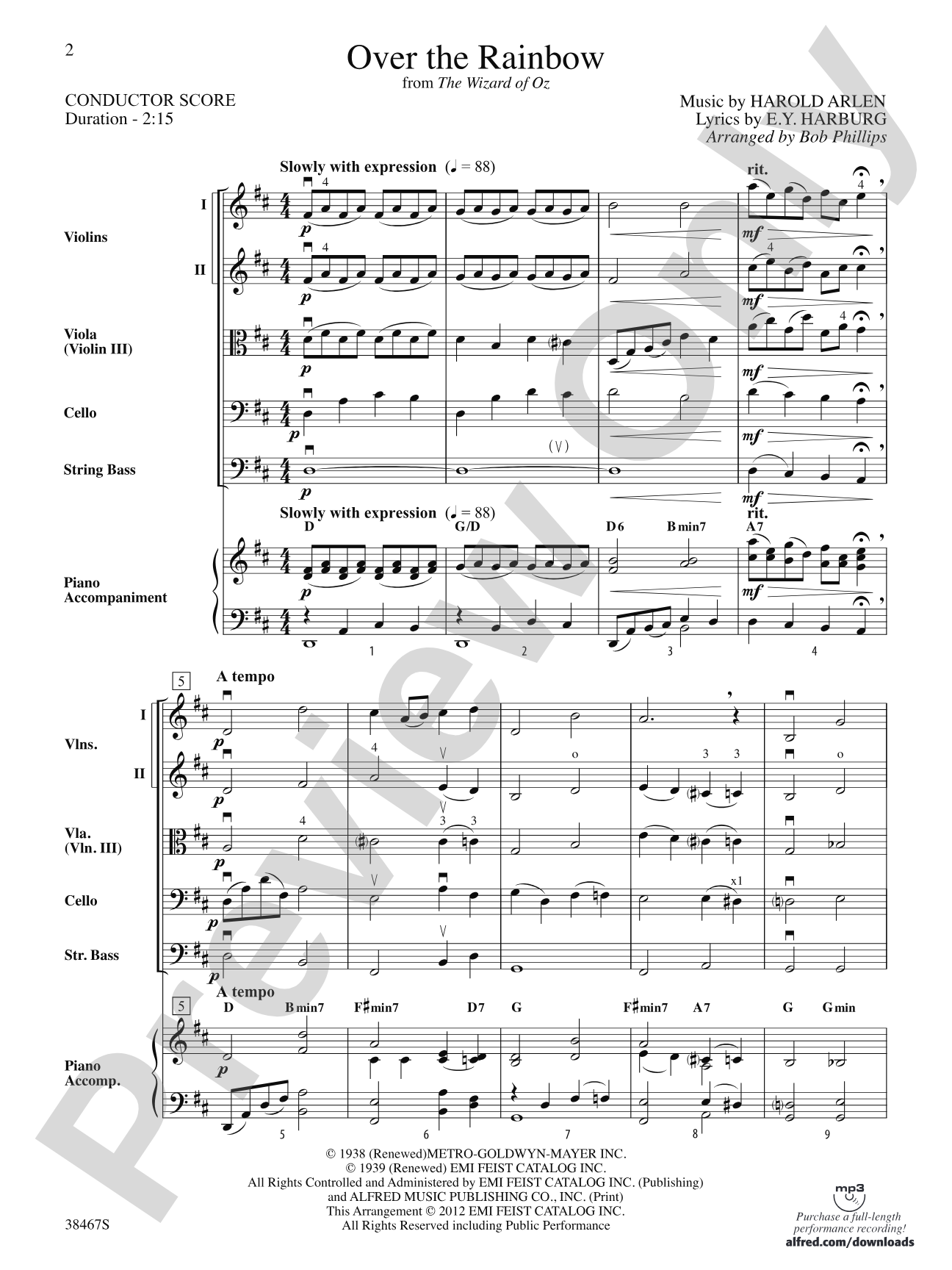 Over the Rainbow (from The Wizard of Oz): String Orchestra Conductor Score & Parts