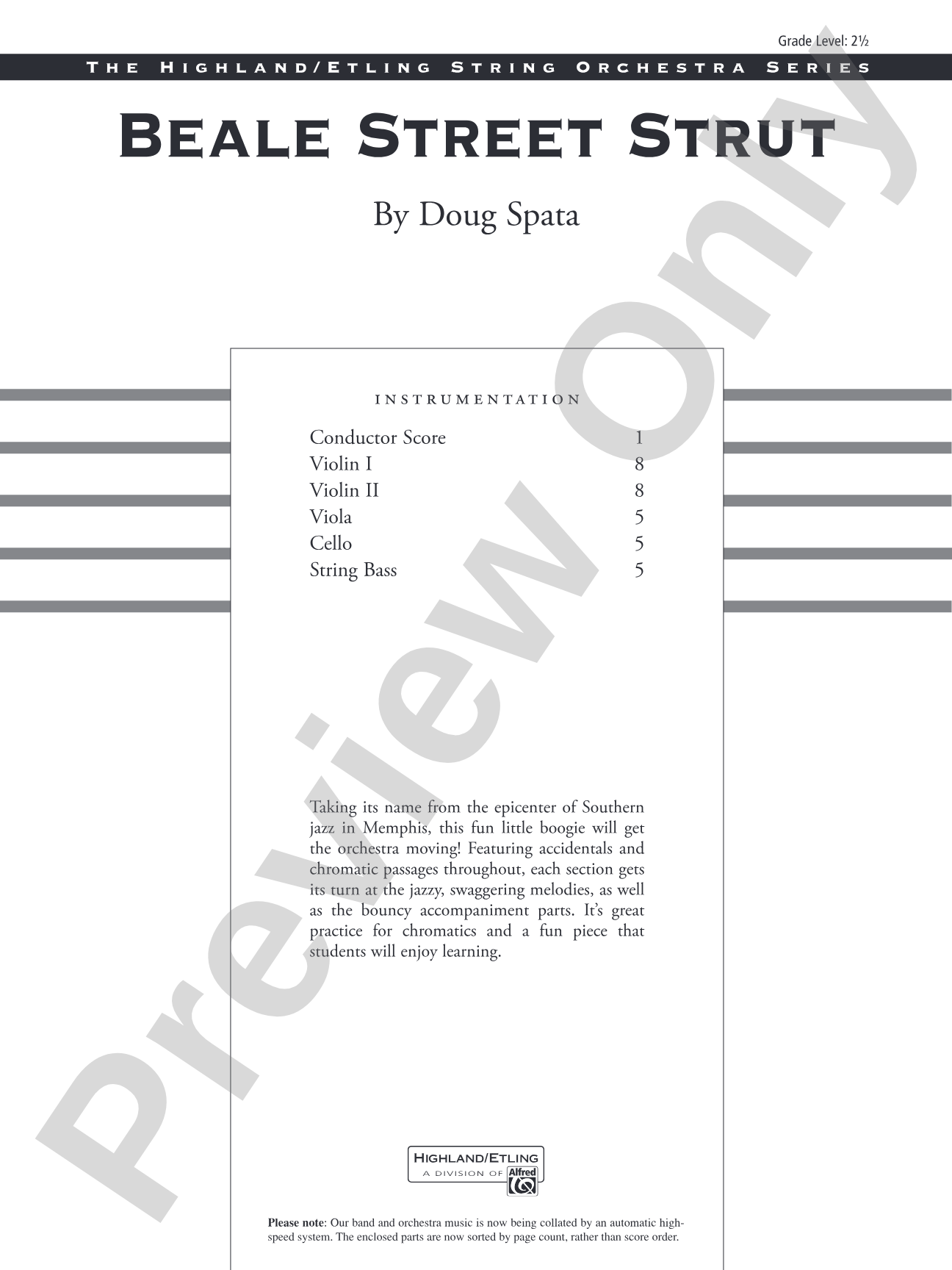 Beale Street Strut: String Orchestra Conductor Score & Parts
