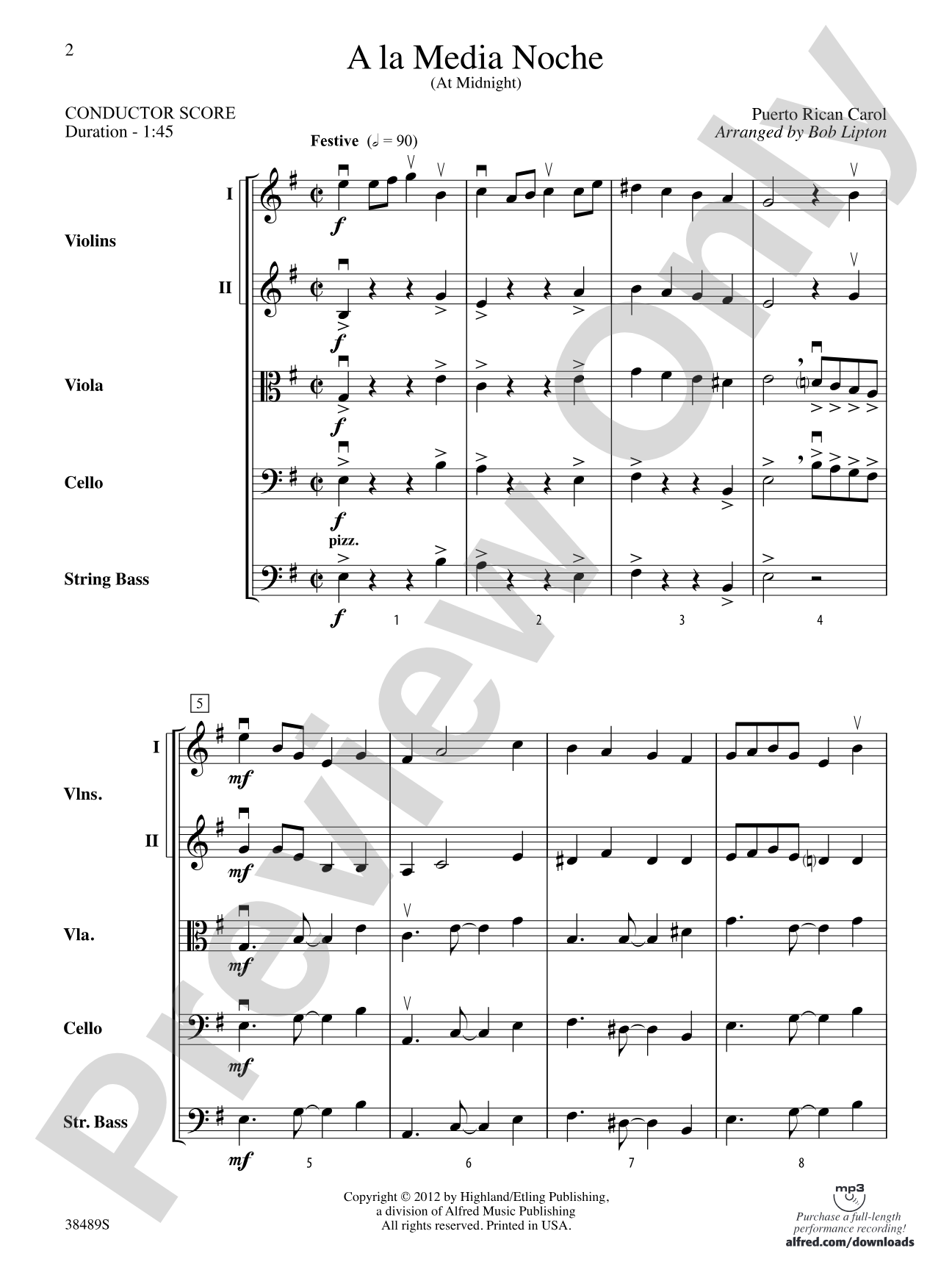A la Media Noche: String Orchestra Conductor Score & Parts