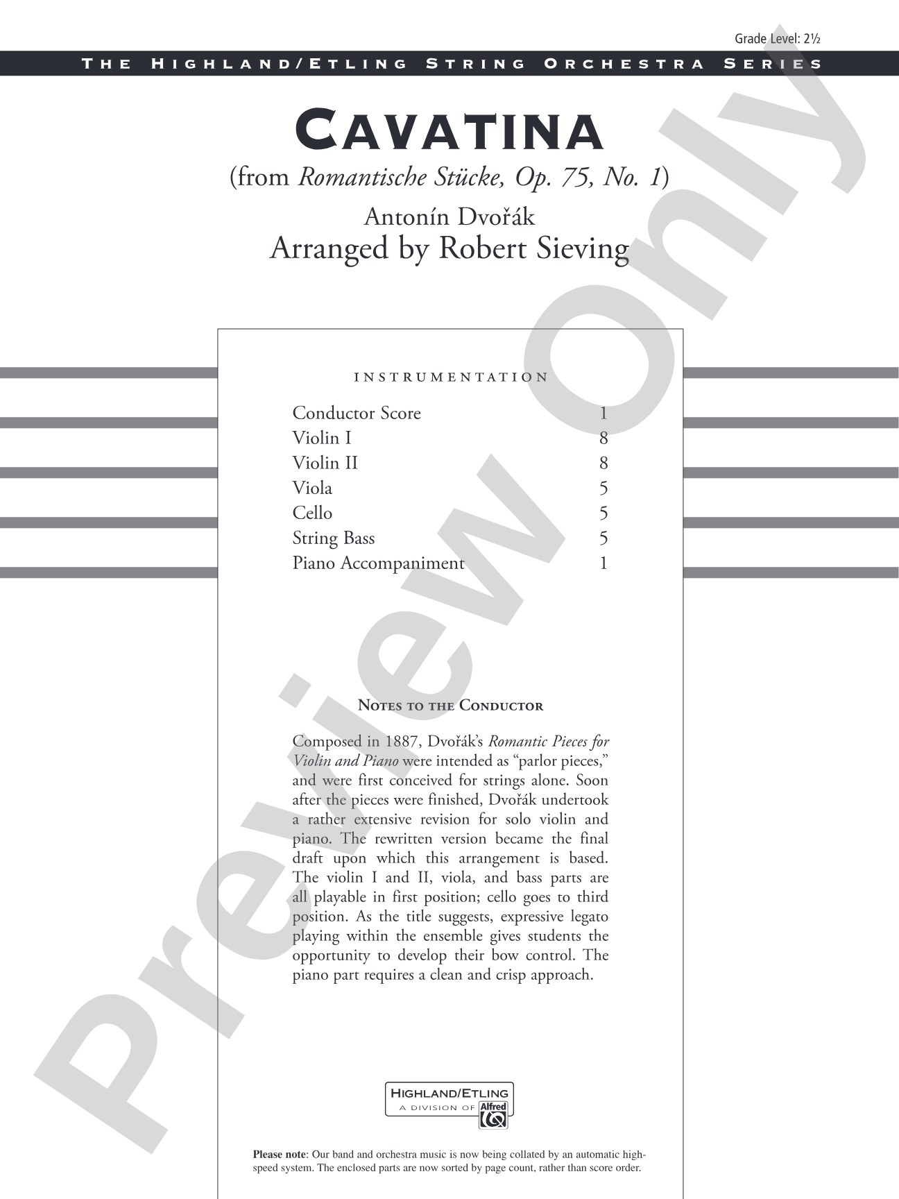 Cavatina: String Orchestra Conductor Score & Parts