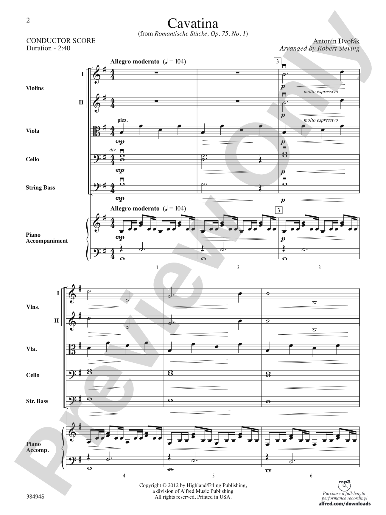 Cavatina: String Orchestra Conductor Score & Parts
