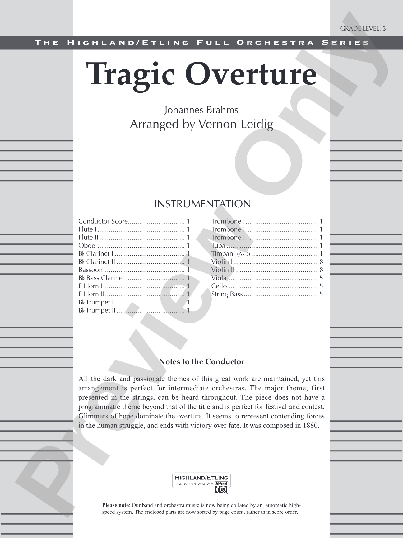 Tragic Overture: Full Orchestra Conductor Score & Parts
