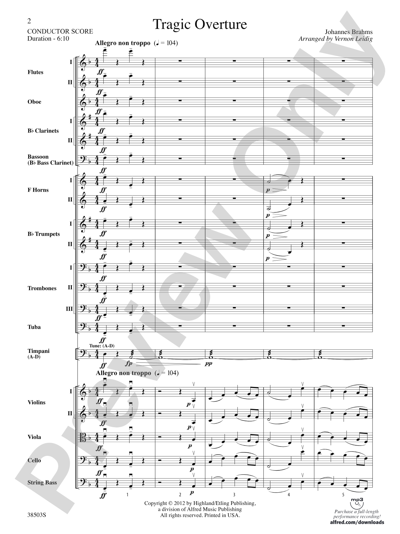 Tragic Overture: Full Orchestra Conductor Score & Parts