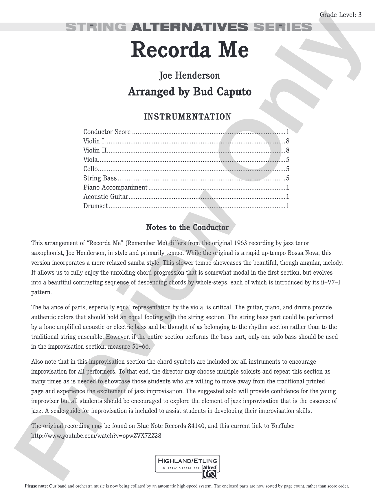 Recorda Me: String Orchestra Conductor Score & Parts