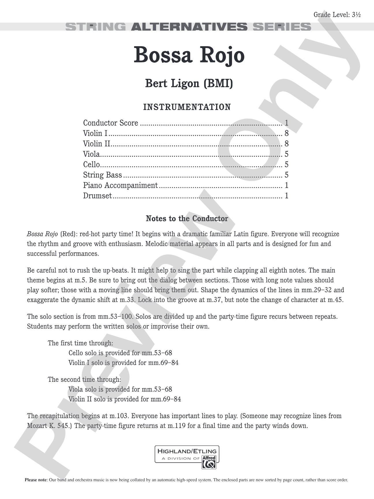 Bossa Rojo: String Orchestra Conductor Score & Parts