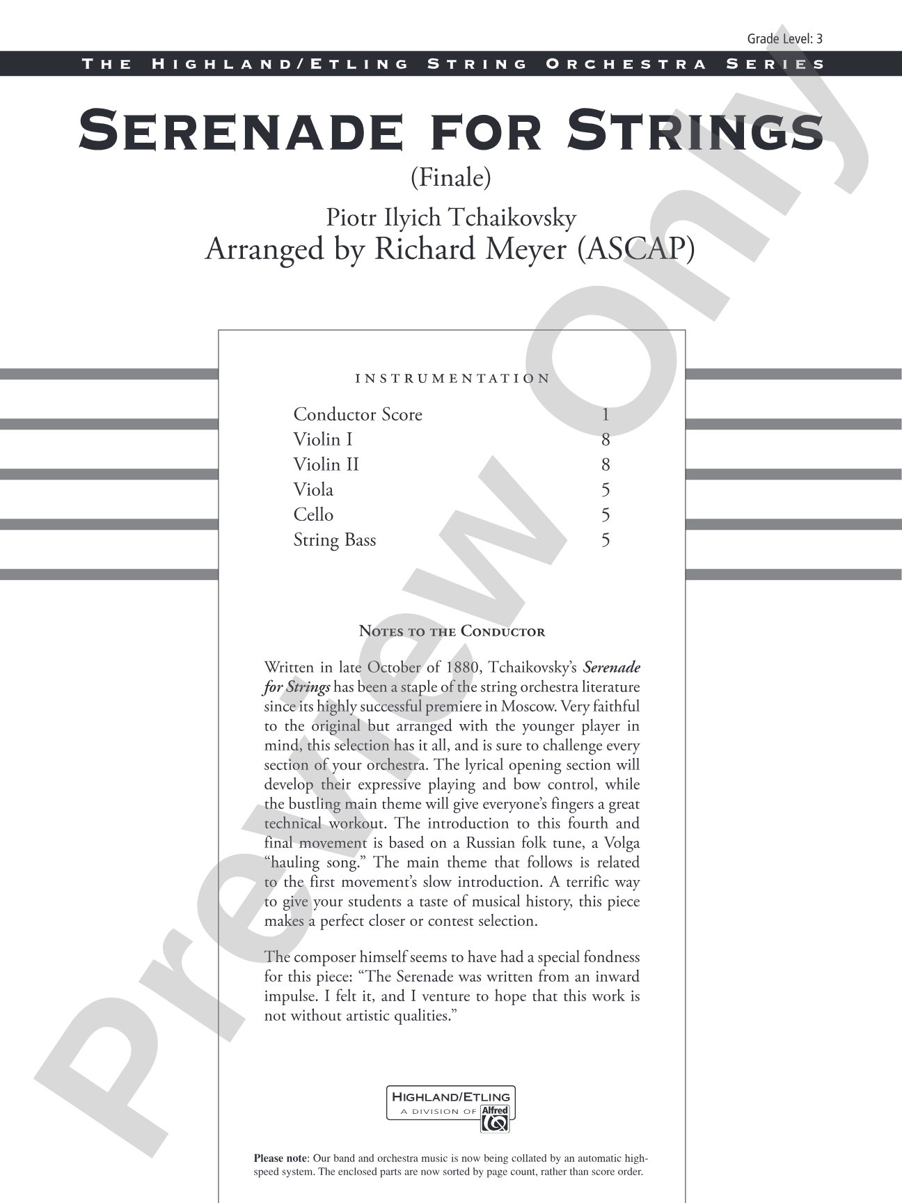 Serenade for Strings: String Orchestra Conductor Score & Parts