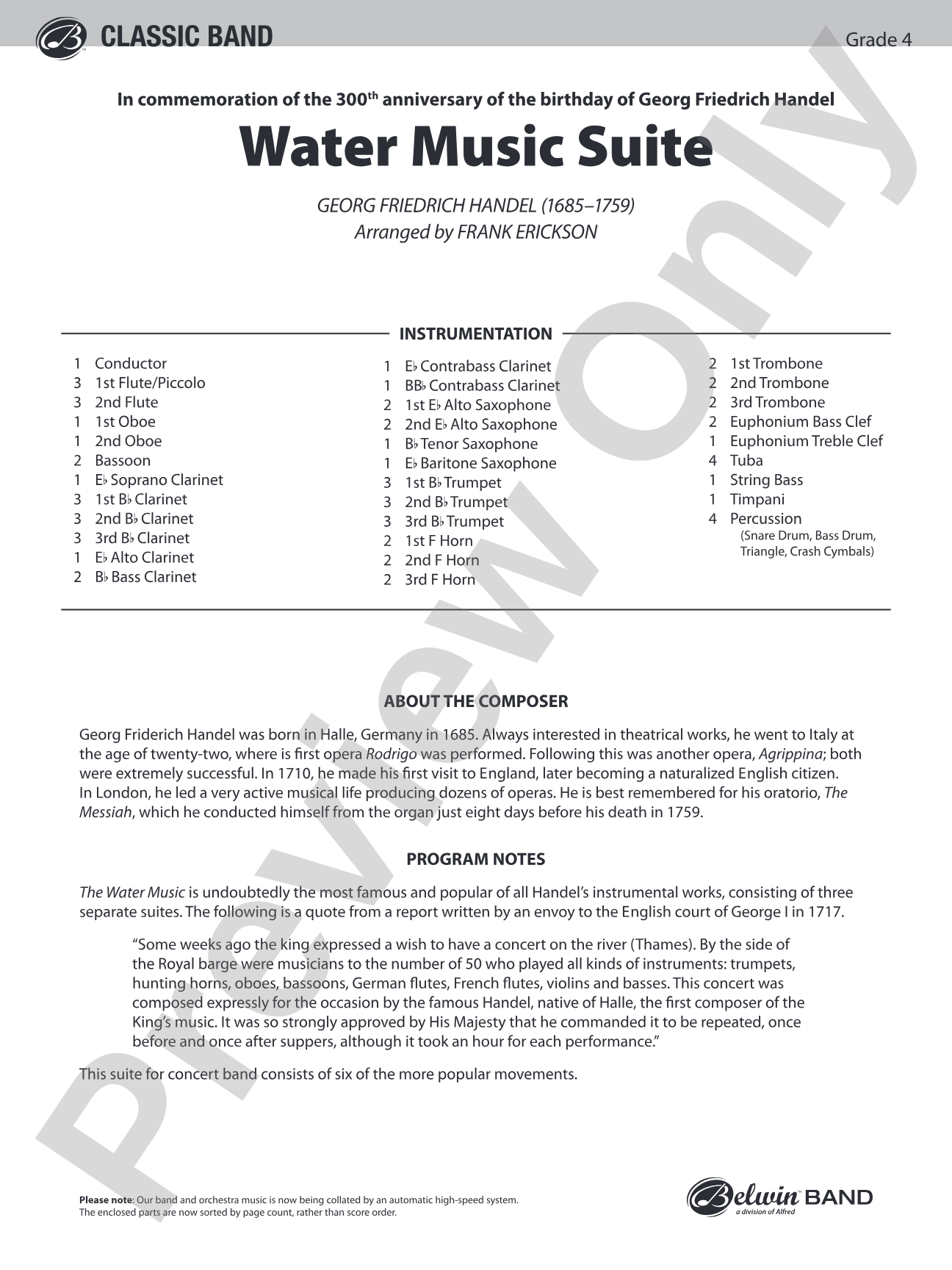 Water Music Suite: Concert Band Conductor Score & Parts