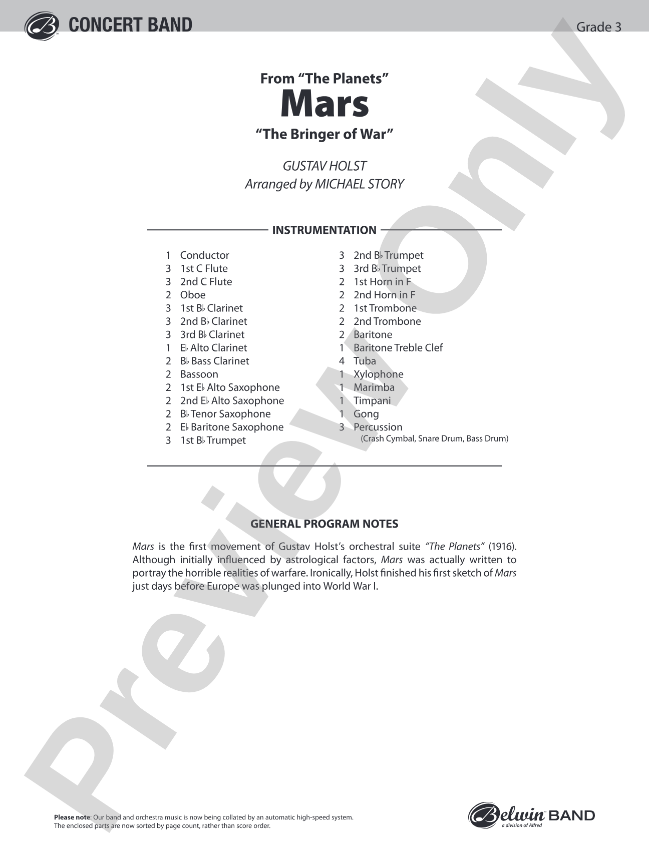 Mars ("The Bringer of War," from The Planets): Concert Band Conductor Score & Parts