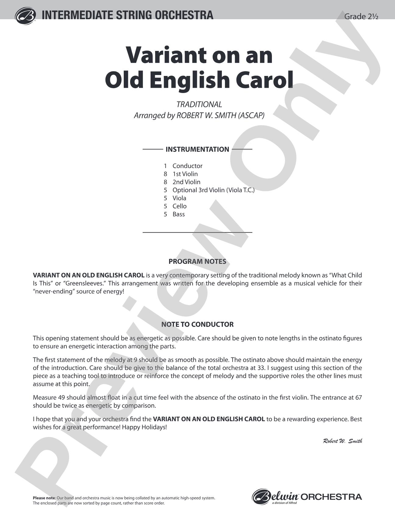 Variant on an Old English Carol: String Orchestra Conductor Score & Parts