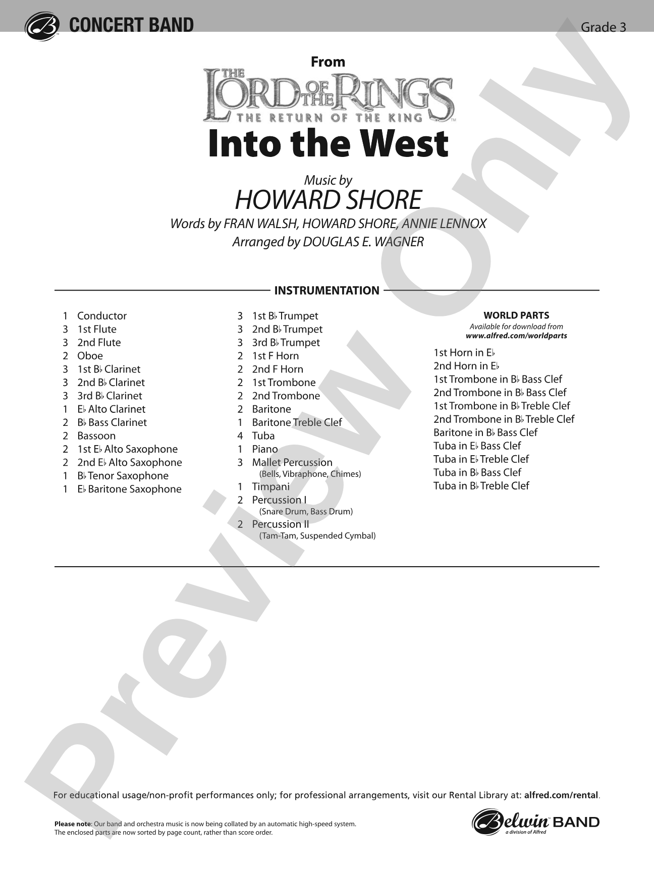 Into the West (from The Lord of the Rings: The Return of the King): Concert Band Conductor Score & Parts